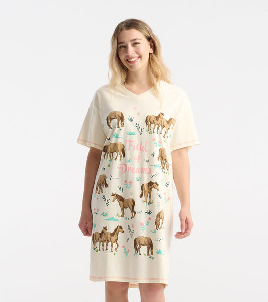 Cream-colored sleepshirt featuring a horse print and "Field of Dreams" text, with a relaxed fit and short sleeves.