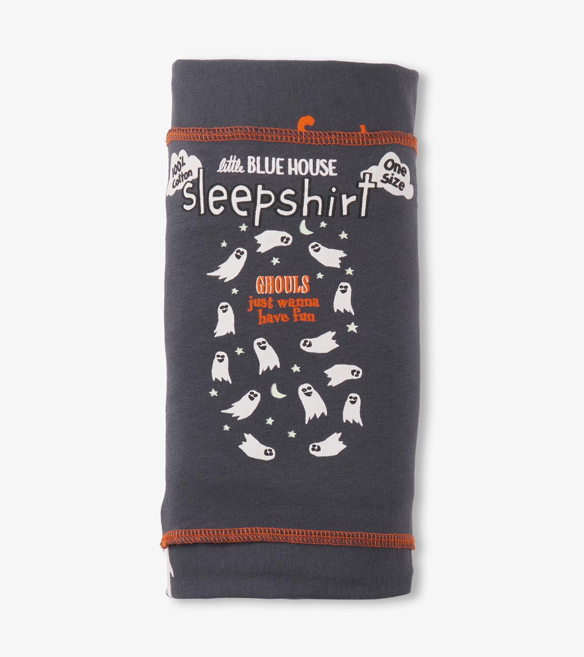 Folded charcoal gray sleepshirt in banded packaging with ghost print and visible Little Blue House branding