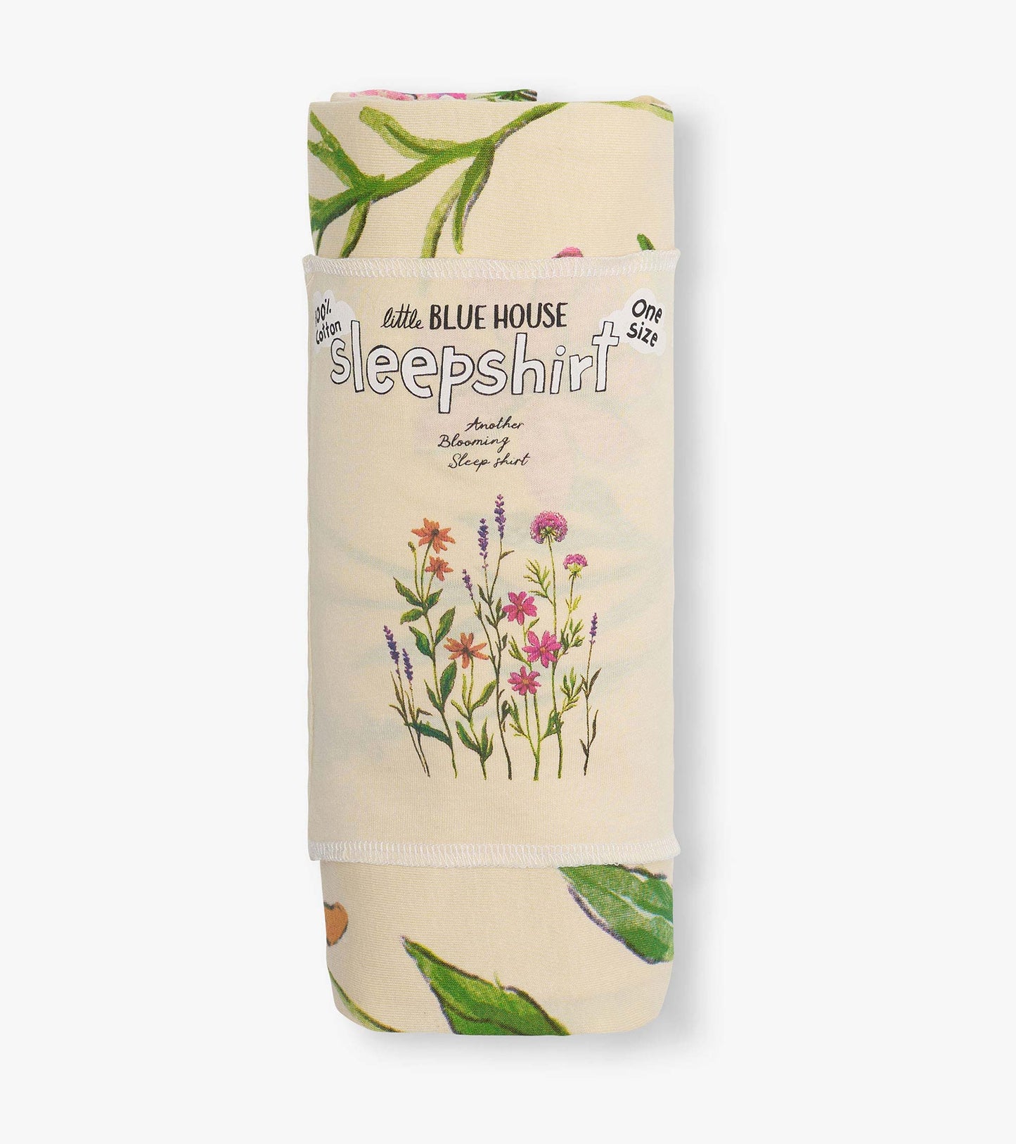 Folded cream cotton sleepshirt with floral print and “sleepshirt” text, one size packaging