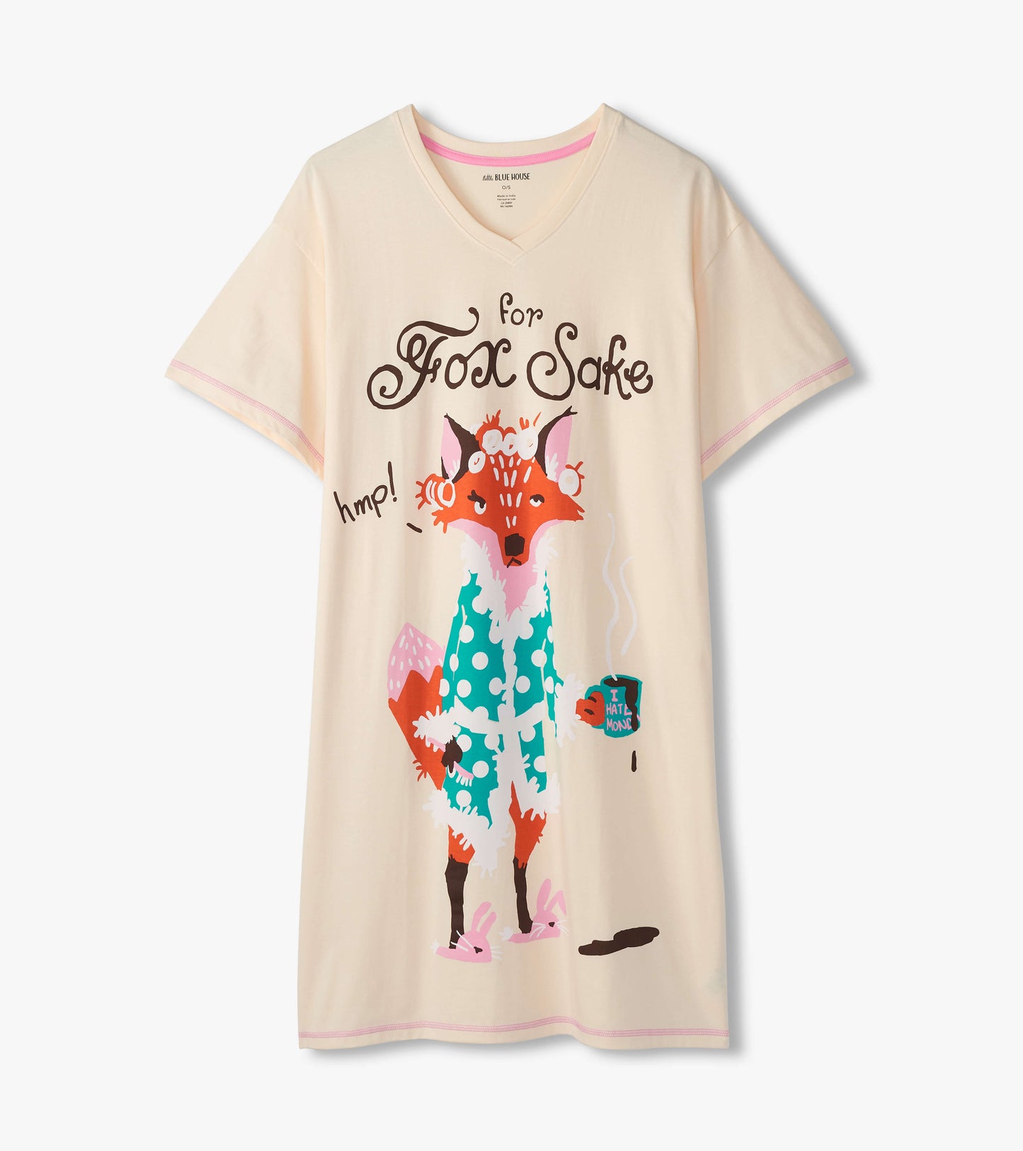Cream-colored sleepshirt featuring a playful fox graphic with colorful details and a V-neck design.