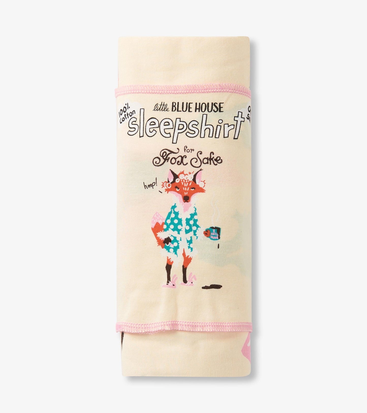 Cream cotton sleepshirt featuring a playful fox graphic and pink trim, ideal for lounging or sleeping.