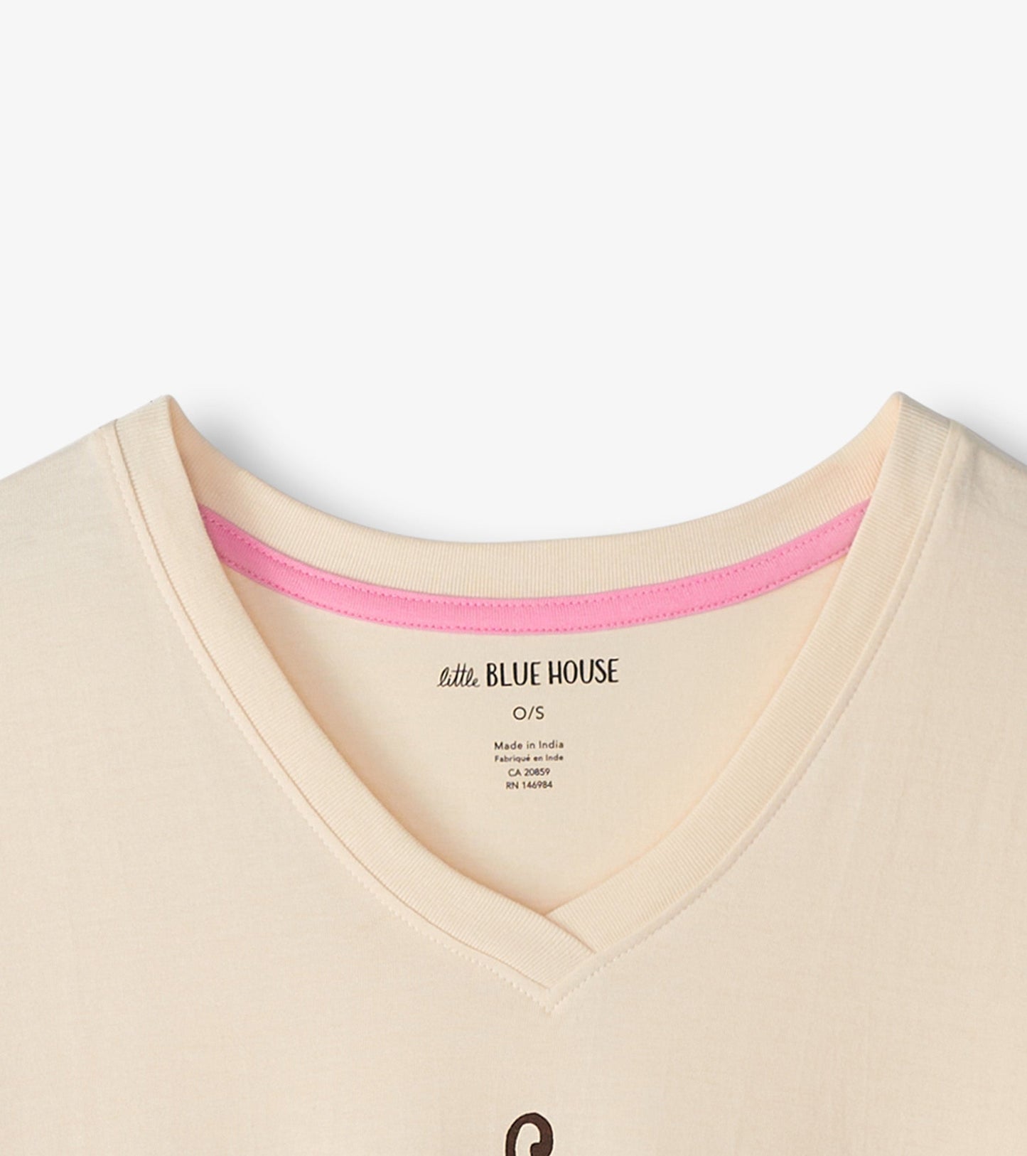 Cream-colored sleepshirt with a V-neck and pink trim, featuring a playful graphic design.