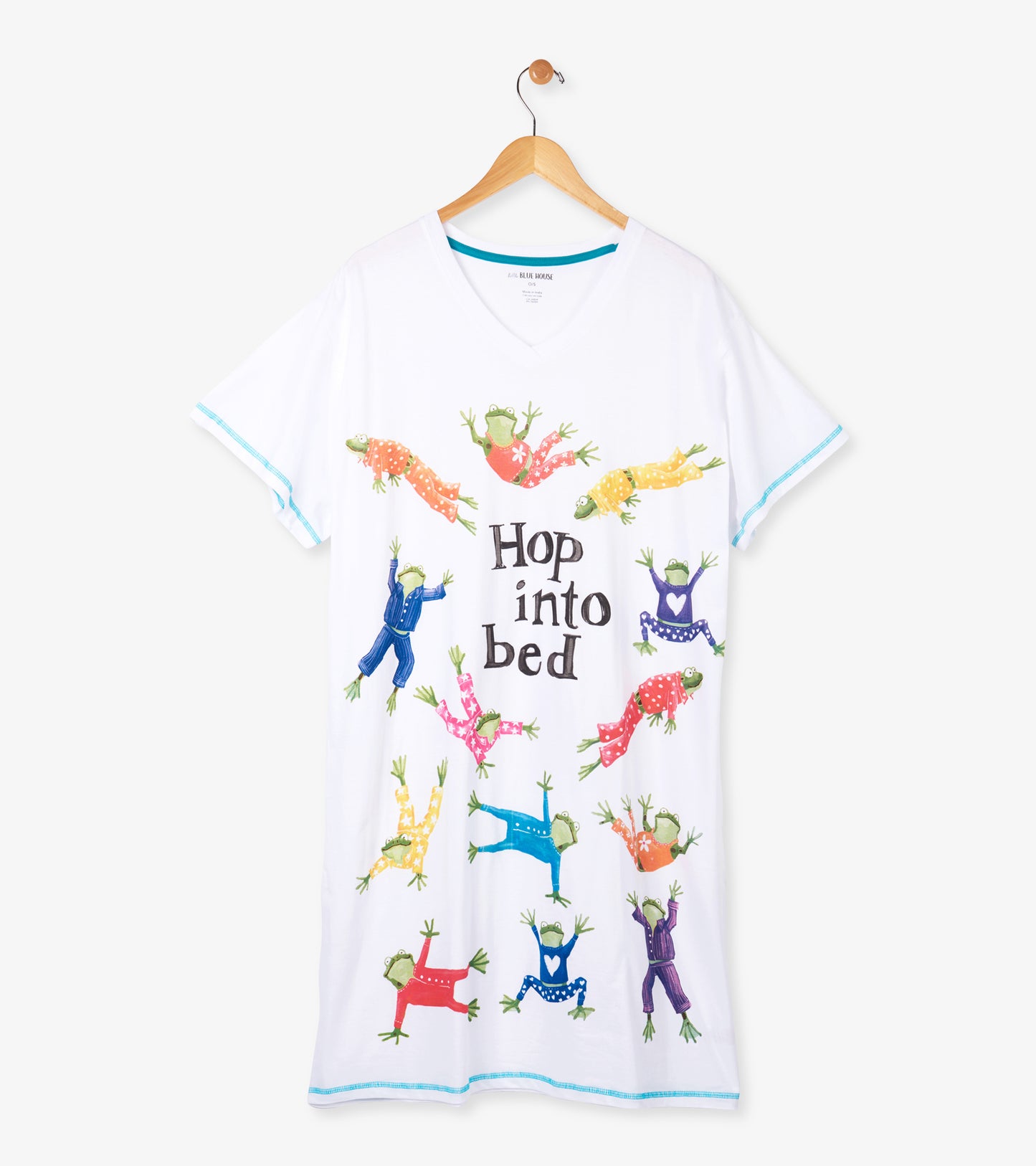 White V-neck sleepshirt with colorful frog print and “Hop into bed” text, short sleeves, blue trim