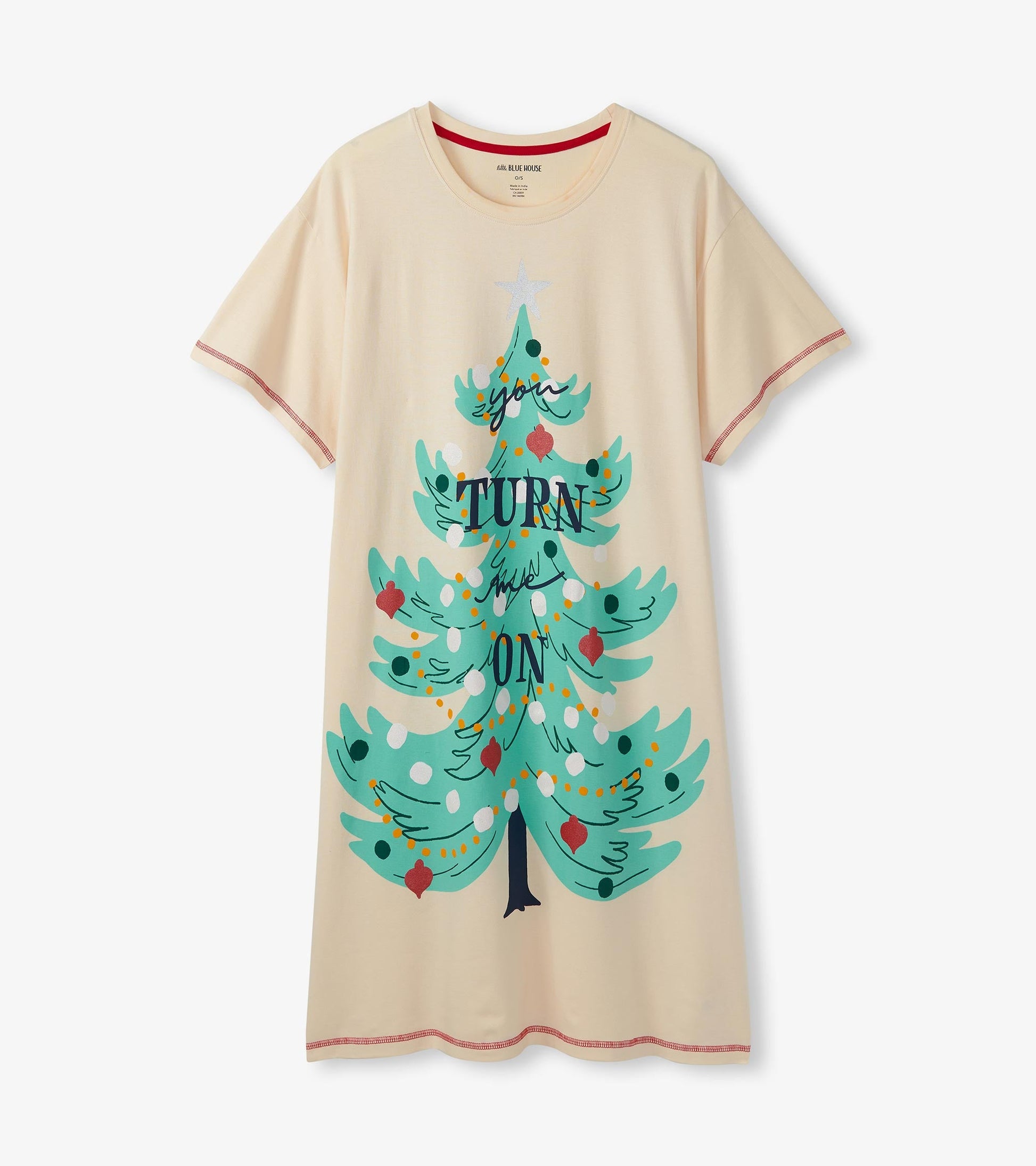 Cream-colored sleepshirt featuring a festive tree graphic with colorful ornaments and the text "TURN ME ON.