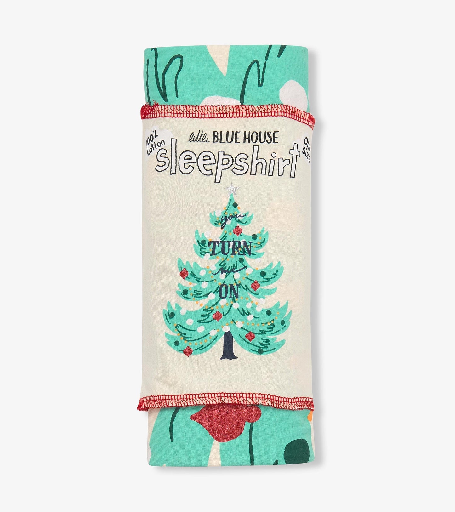 Cotton sleepshirt featuring a festive tree design with the text "Turn Me On," in teal and cream colors, folded neatly.