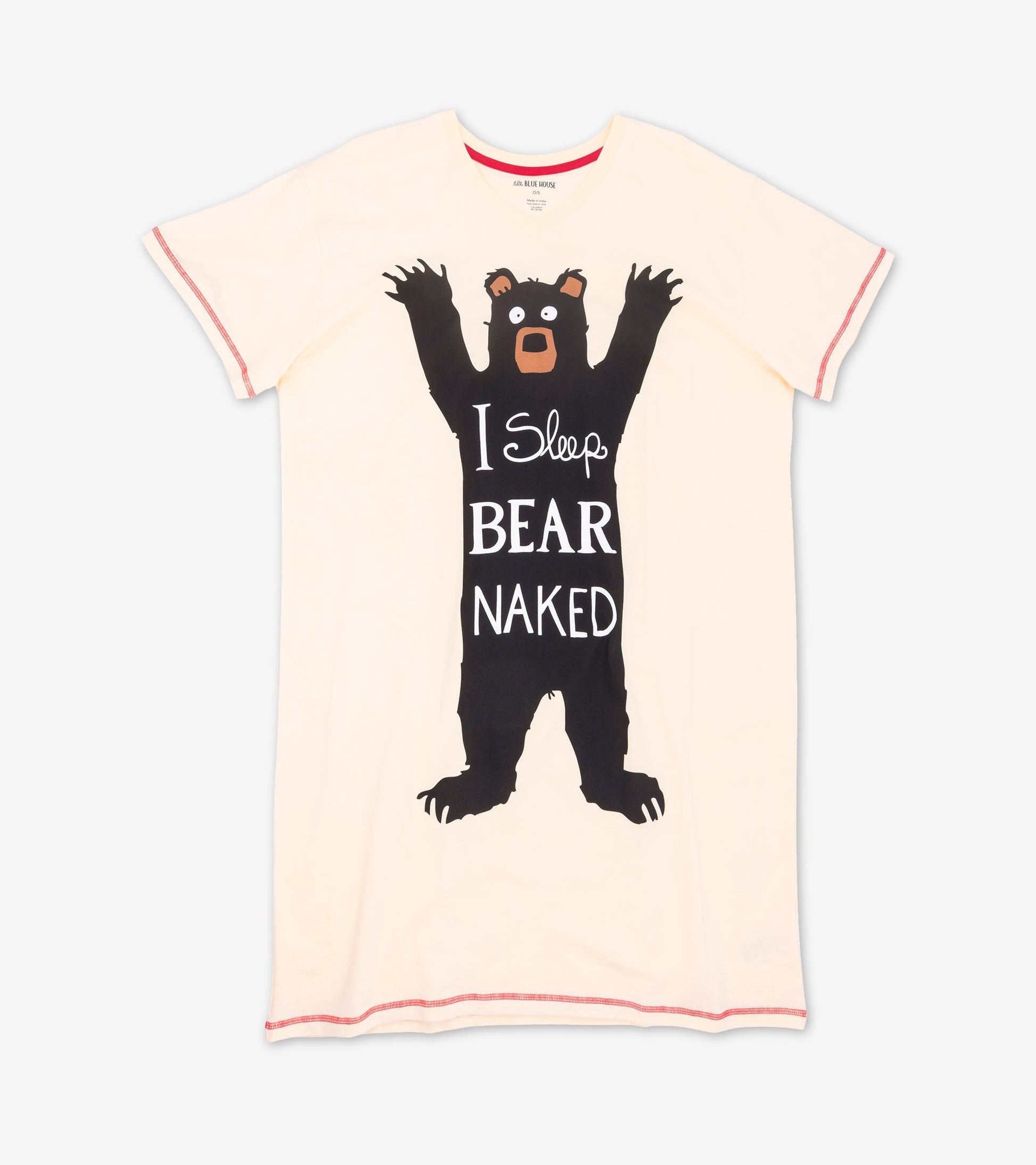 Cream-colored sleepshirt featuring a black bear graphic with the text "I Sleep Bear Naked" in bold white letters.