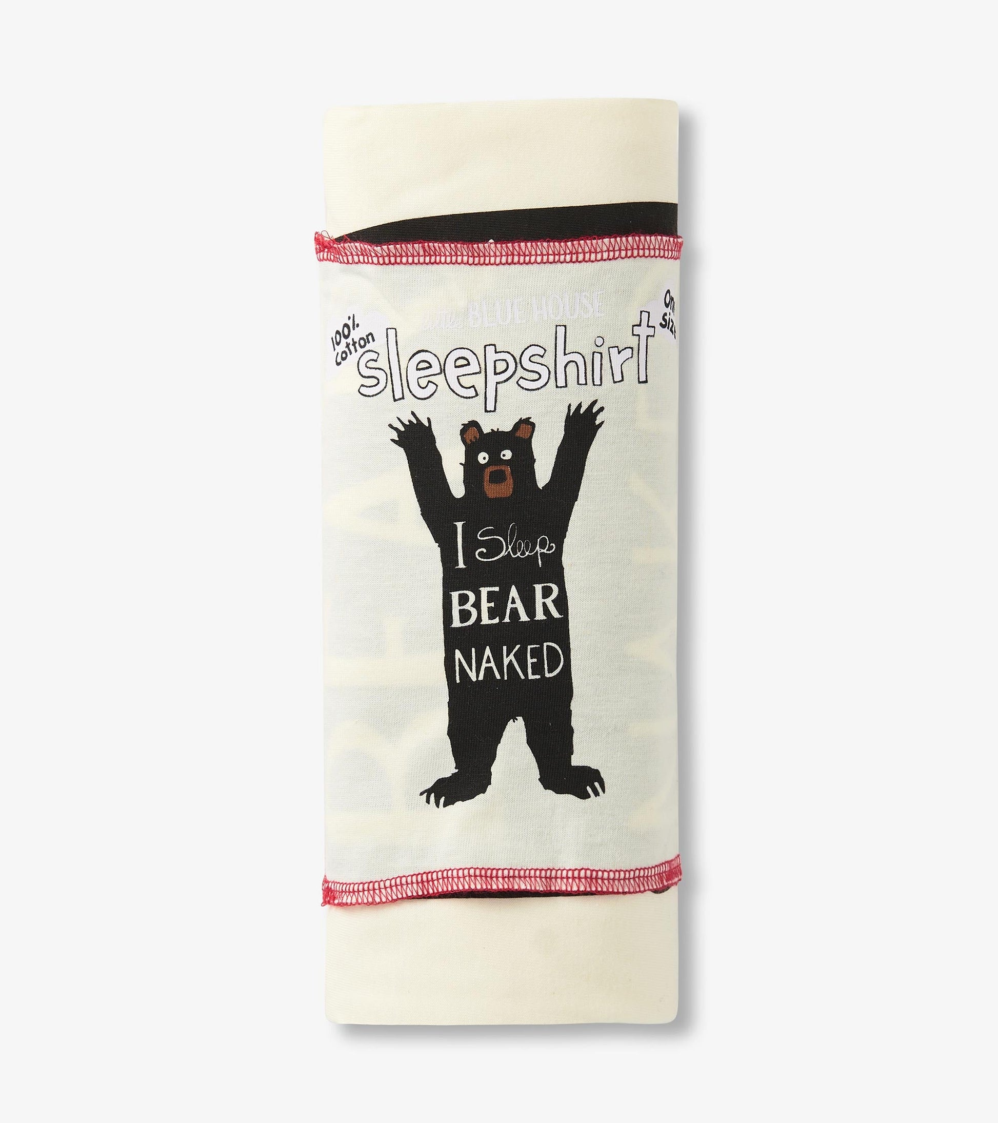 Cream-colored sleepshirt featuring a playful bear graphic and text, made from 100% cotton, rolled and tied with red trim.