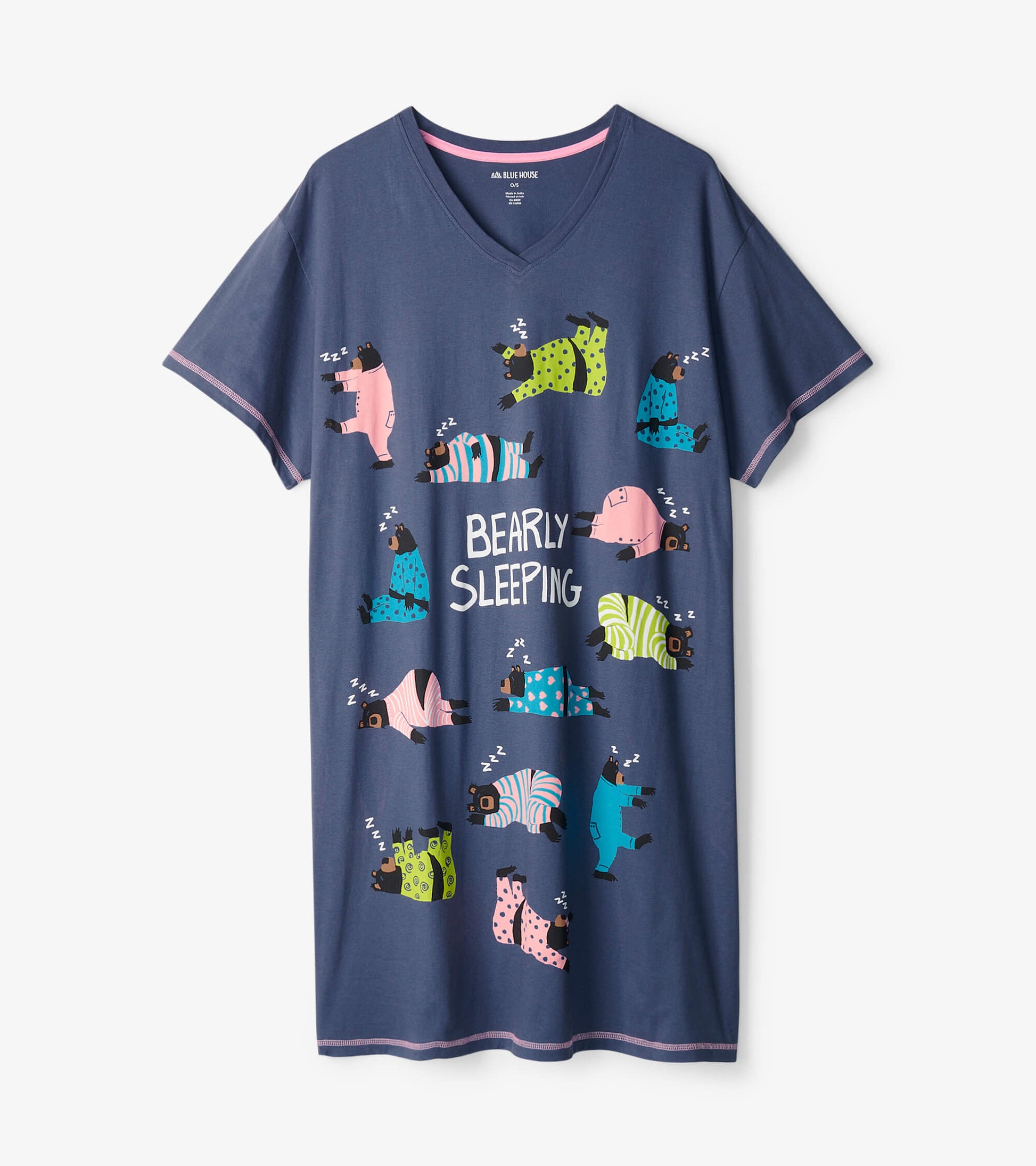 Navy blue sleepshirt featuring playful bear graphics and the text "BEARLY SLEEPING," with a V-neck and short sleeves.