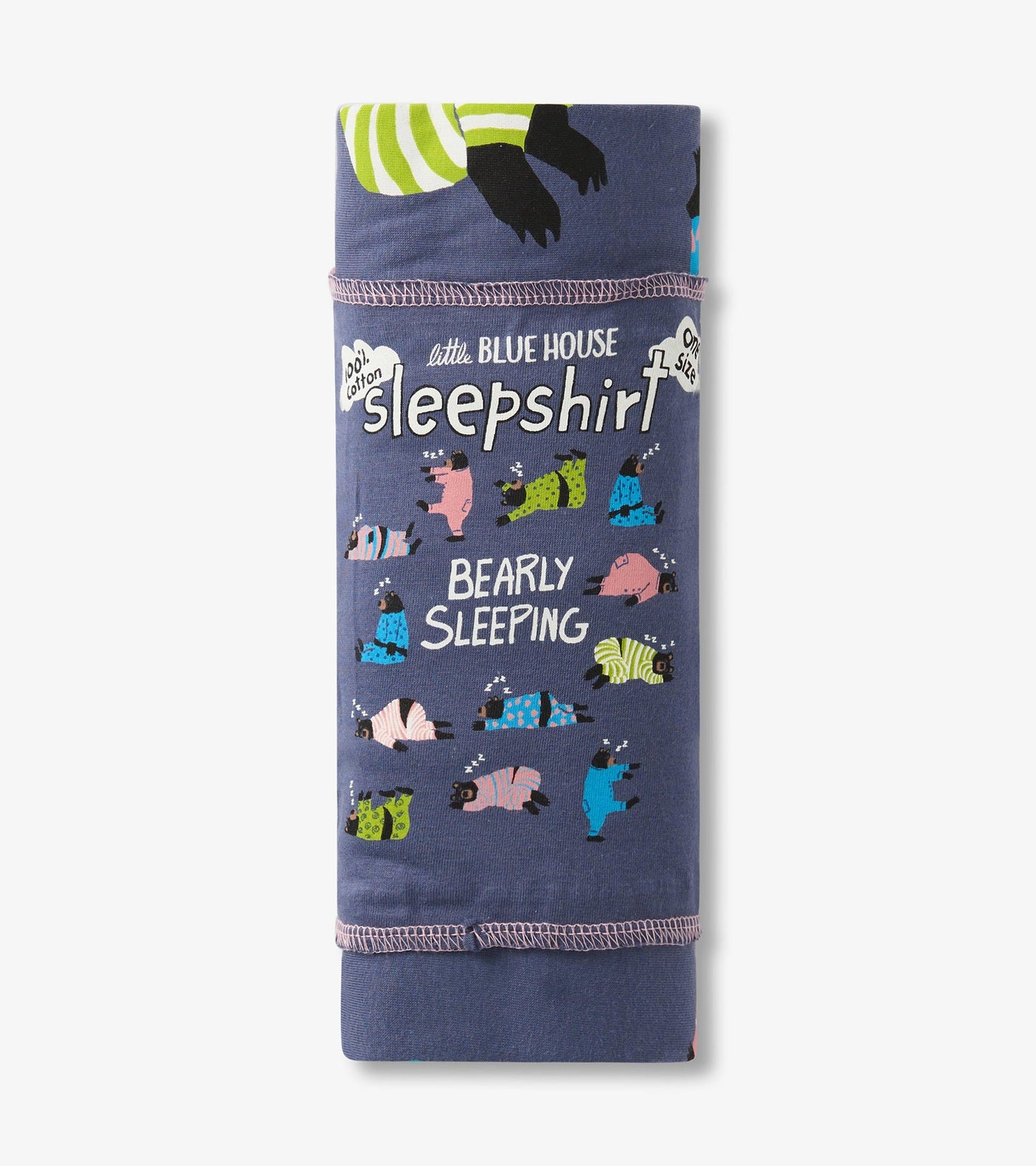 Cotton sleepshirt featuring a playful bear print in various colors on a navy background, rolled and neatly packaged.