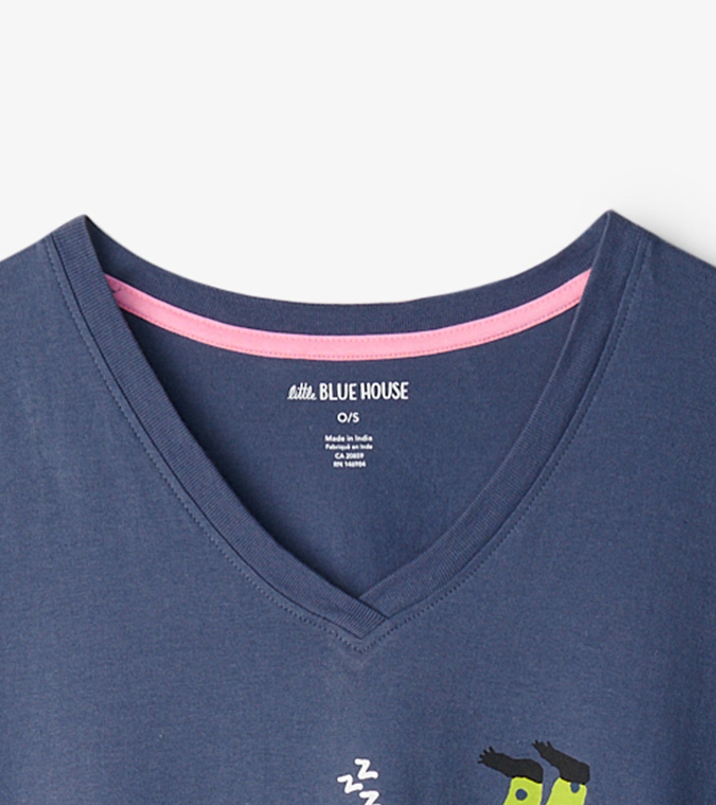 Navy blue women's sleepshirt with a V-neck and pink trim, featuring a playful bear graphic and sleep-themed design.