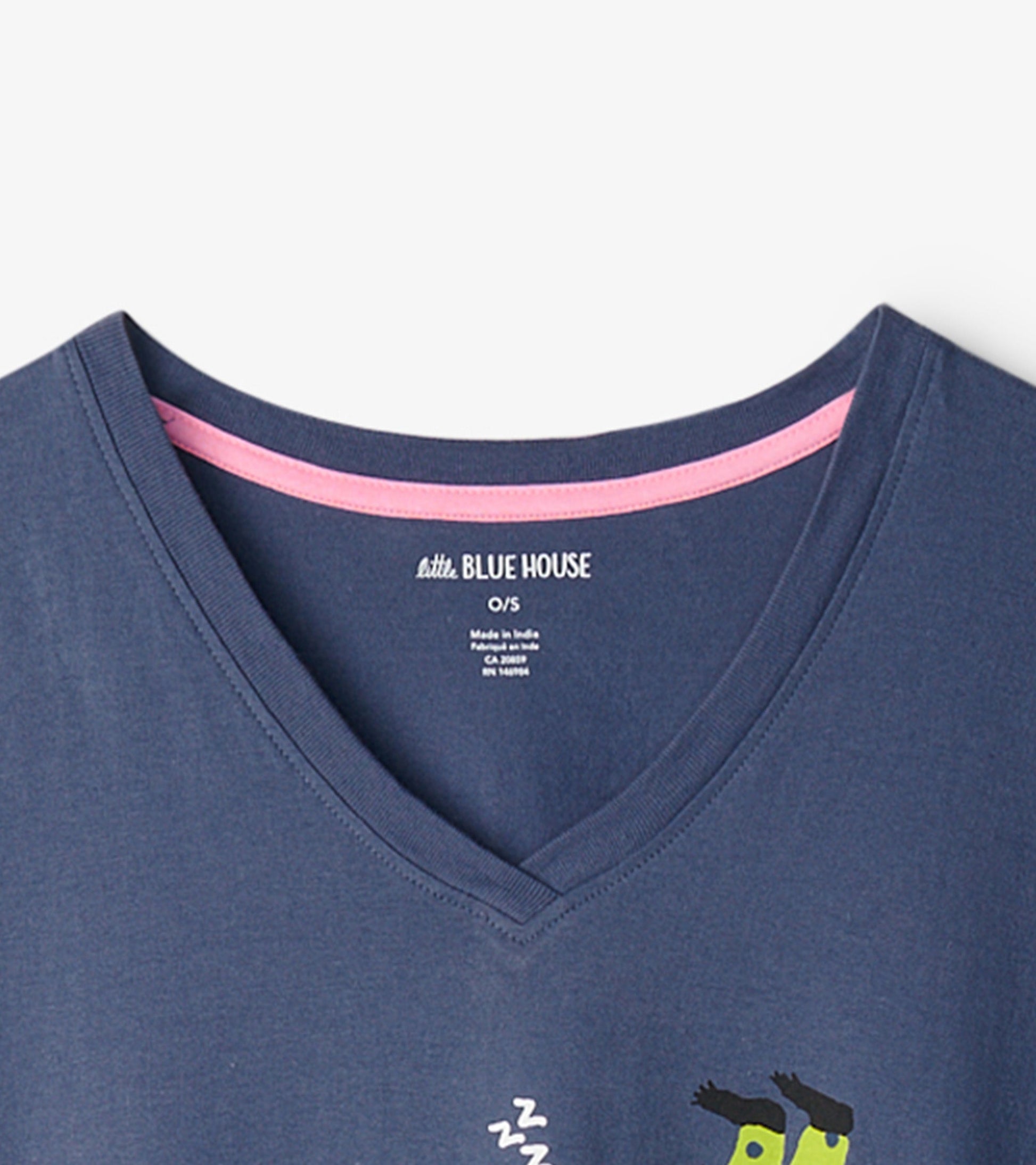 Navy blue women's sleepshirt with a V-neck and pink trim, featuring a playful bear graphic and sleep-themed design.
