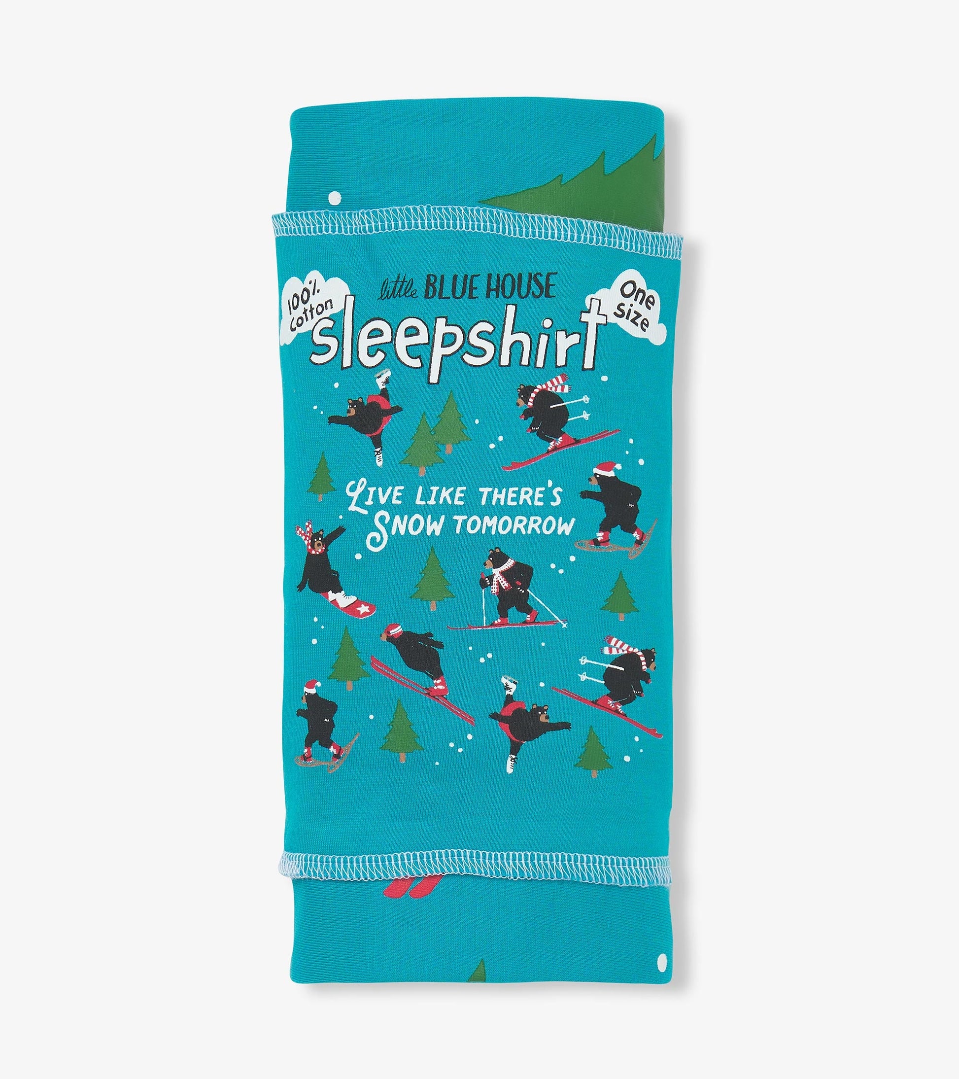 Turquoise cotton sleepshirt featuring playful skiing bears and trees, designed for cozy wear. One size fits all.