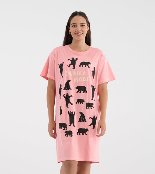 Pink short-sleeve sleepshirt featuring black bear silhouettes and "Mama Bear" text in the center.