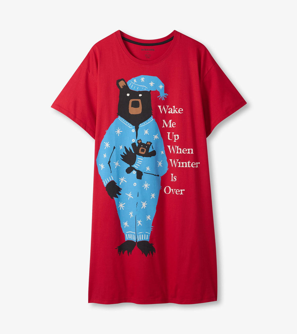 Front view of red sleepshirt with bear graphic in blue pajamas and "Wake Me Up When Winter Is Over" text