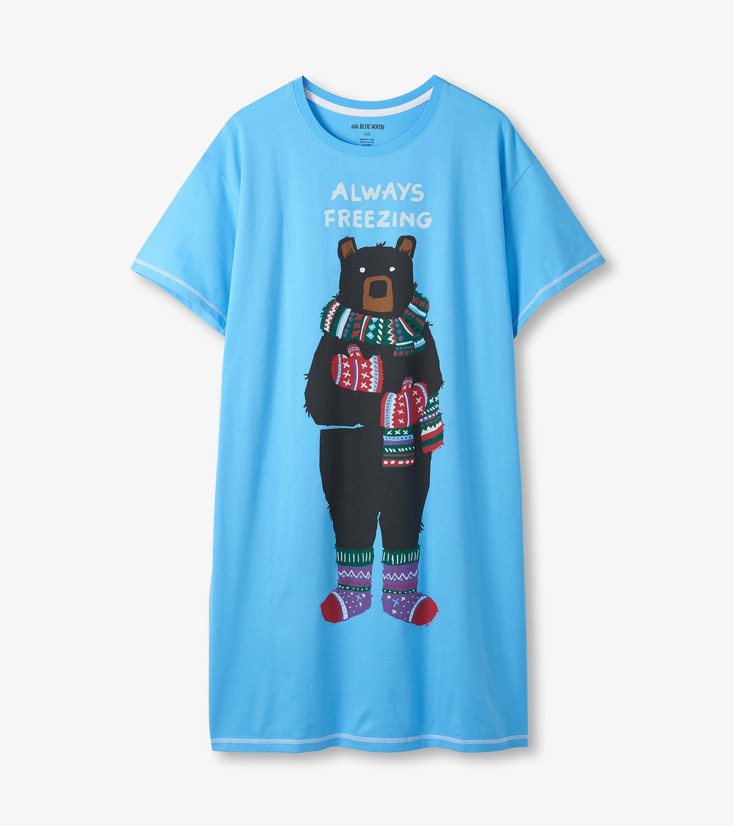 Blue short-sleeve sleepshirt with 'Always Freezing' text and a bear in scarf, mittens, and socks