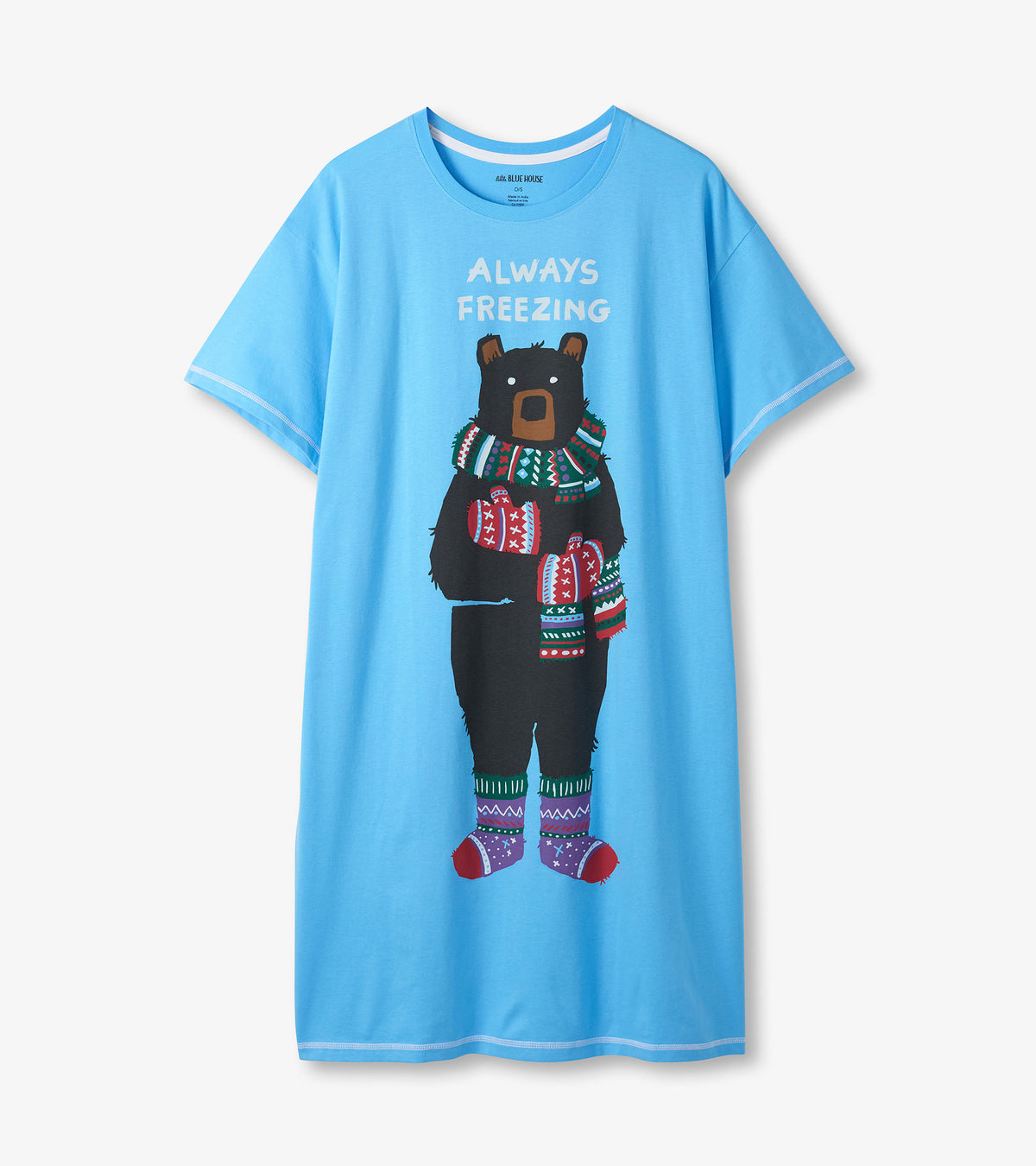 Blue short-sleeve sleepshirt with 'Always Freezing' text and bundled bear graphic on front