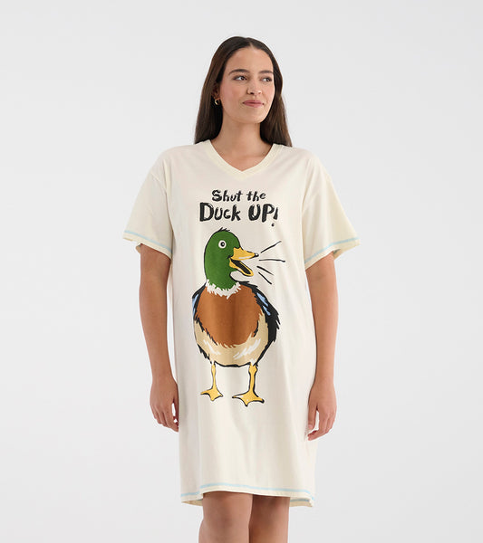 Cream-colored sleepshirt featuring a cartoon duck graphic and the phrase "Shut the Duck Up!" with short sleeves.