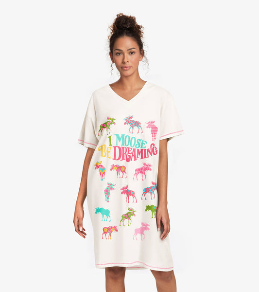 Cream-colored women's sleepshirt with colorful moose graphics and "I Moose Be Dreaming" text, featuring a V-neck and short s…