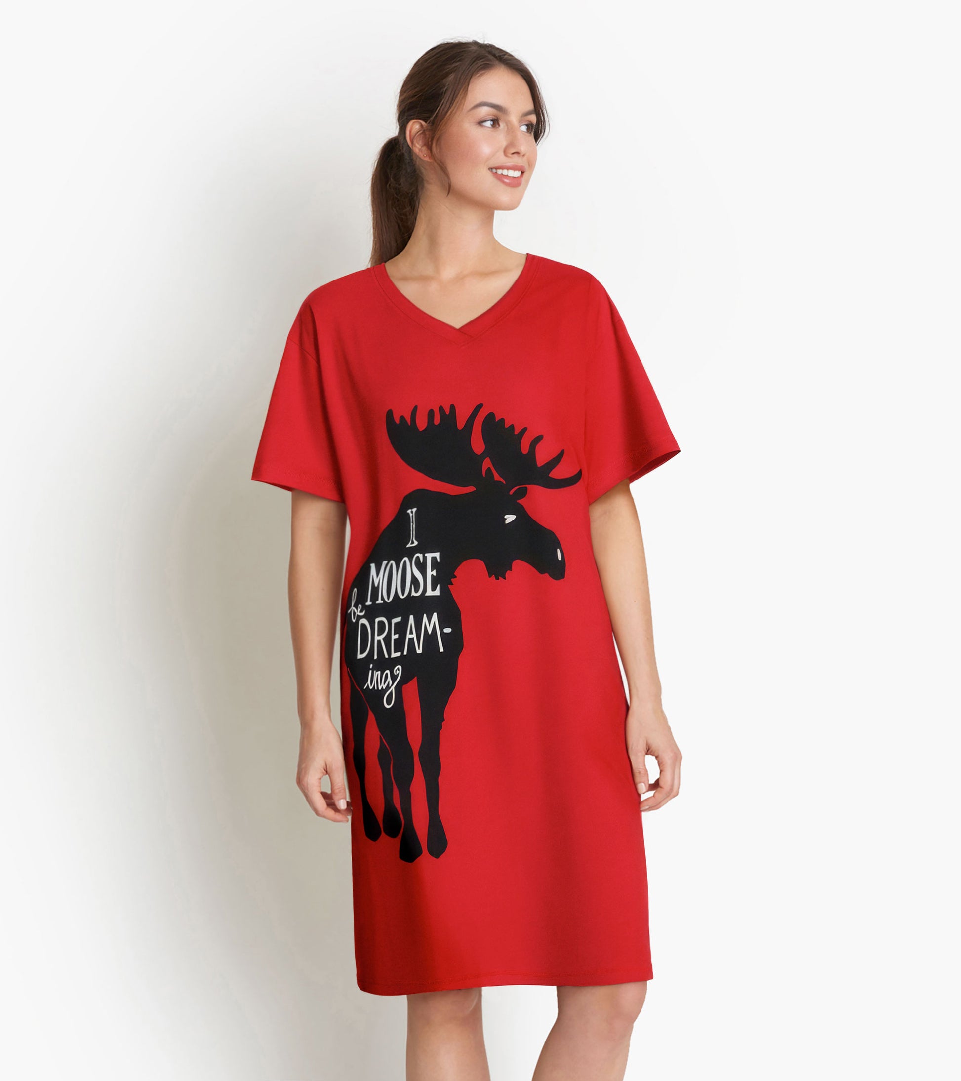Red women's sleepshirt featuring a black moose graphic and text, with a relaxed fit and V-neck design.