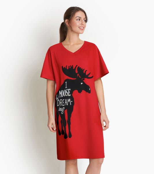 Red women's sleepshirt featuring a black moose graphic and text, with a relaxed fit and V-neck design.