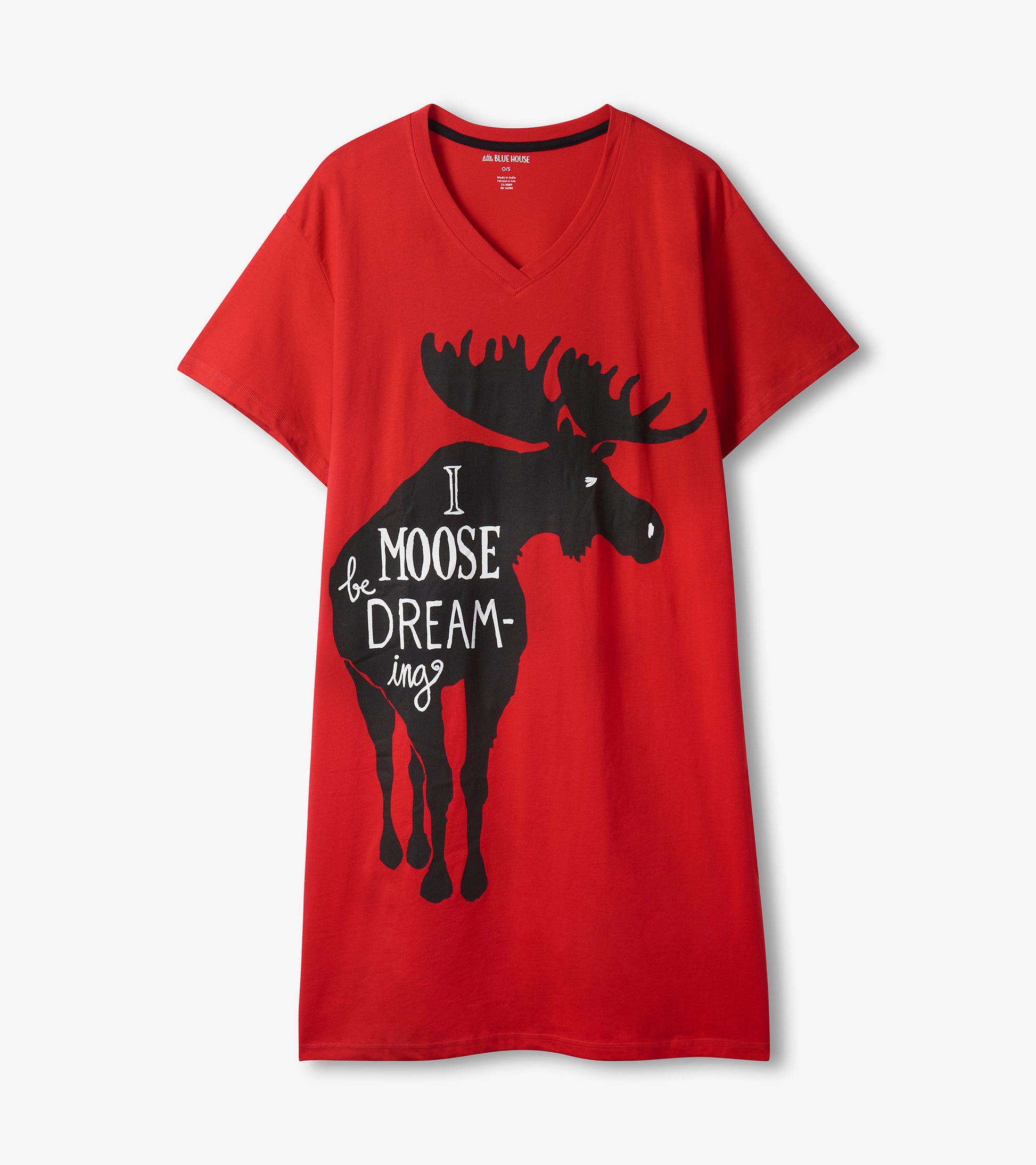 Red women's sleepshirt featuring a black moose graphic and playful text, with a V-neck and short sleeves.