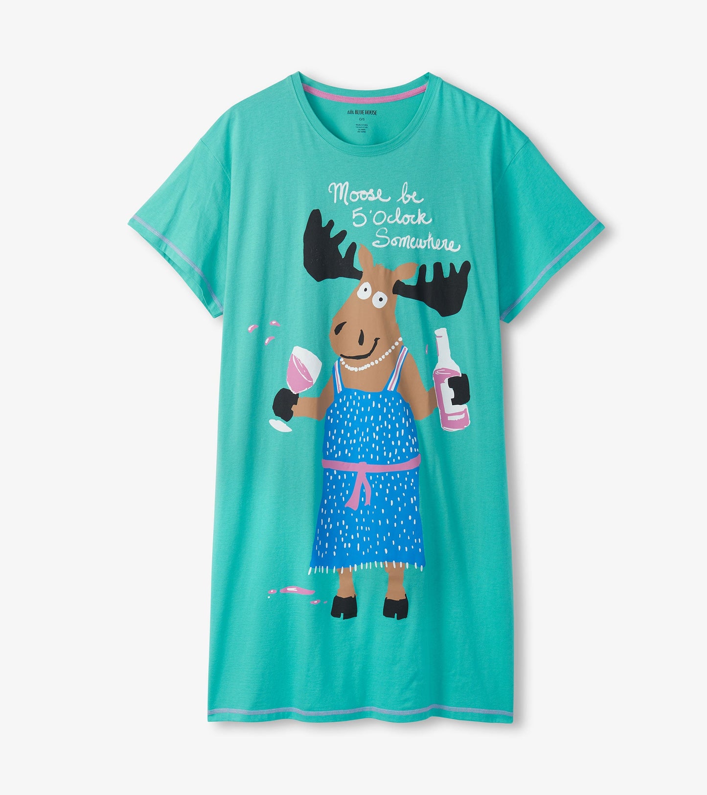 Turquoise sleepshirt featuring a playful moose graphic holding a wine glass and bottle, with a relaxed fit and short sleeves.