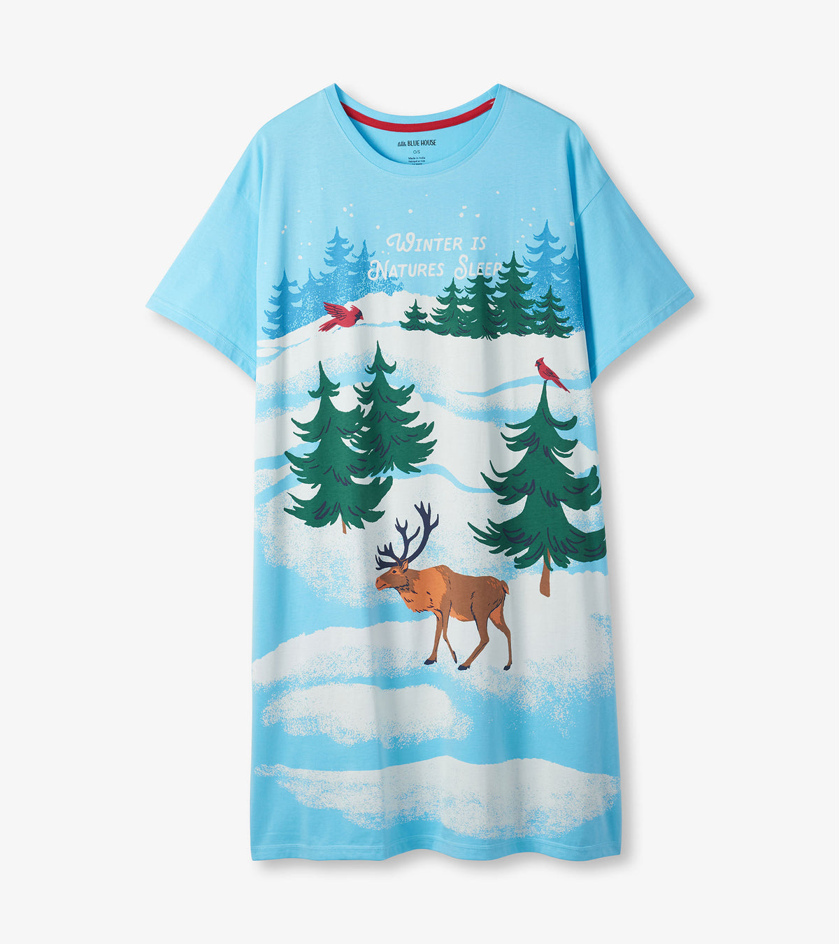 Blue winter sleepshirt with snowy forest print, red birds, moose, and 'Winter is Natures Sleep' text