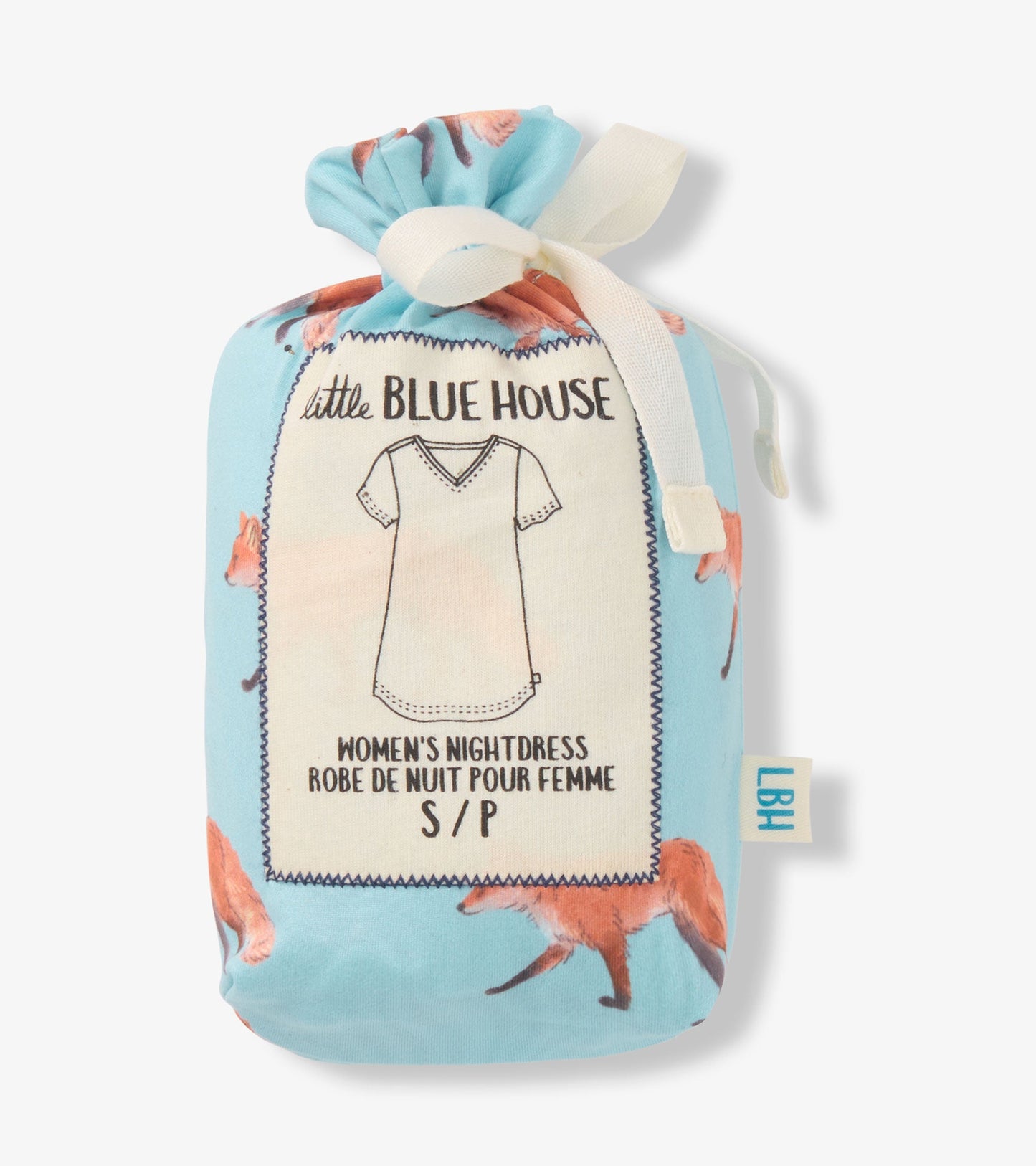 Light blue nightdress featuring a watercolor fox pattern, packaged in a drawstring bag.