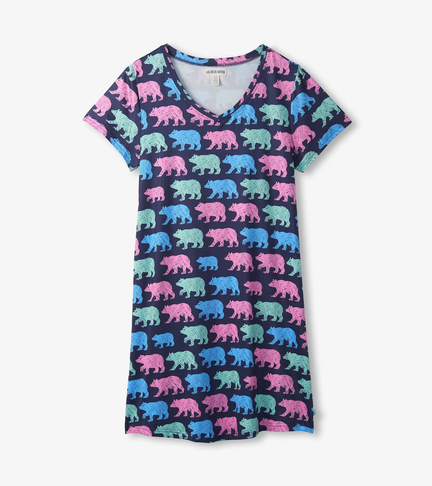 Navy nightdress featuring colorful bear patterns, short sleeves, and a V-neck design, suitable for casual wear.