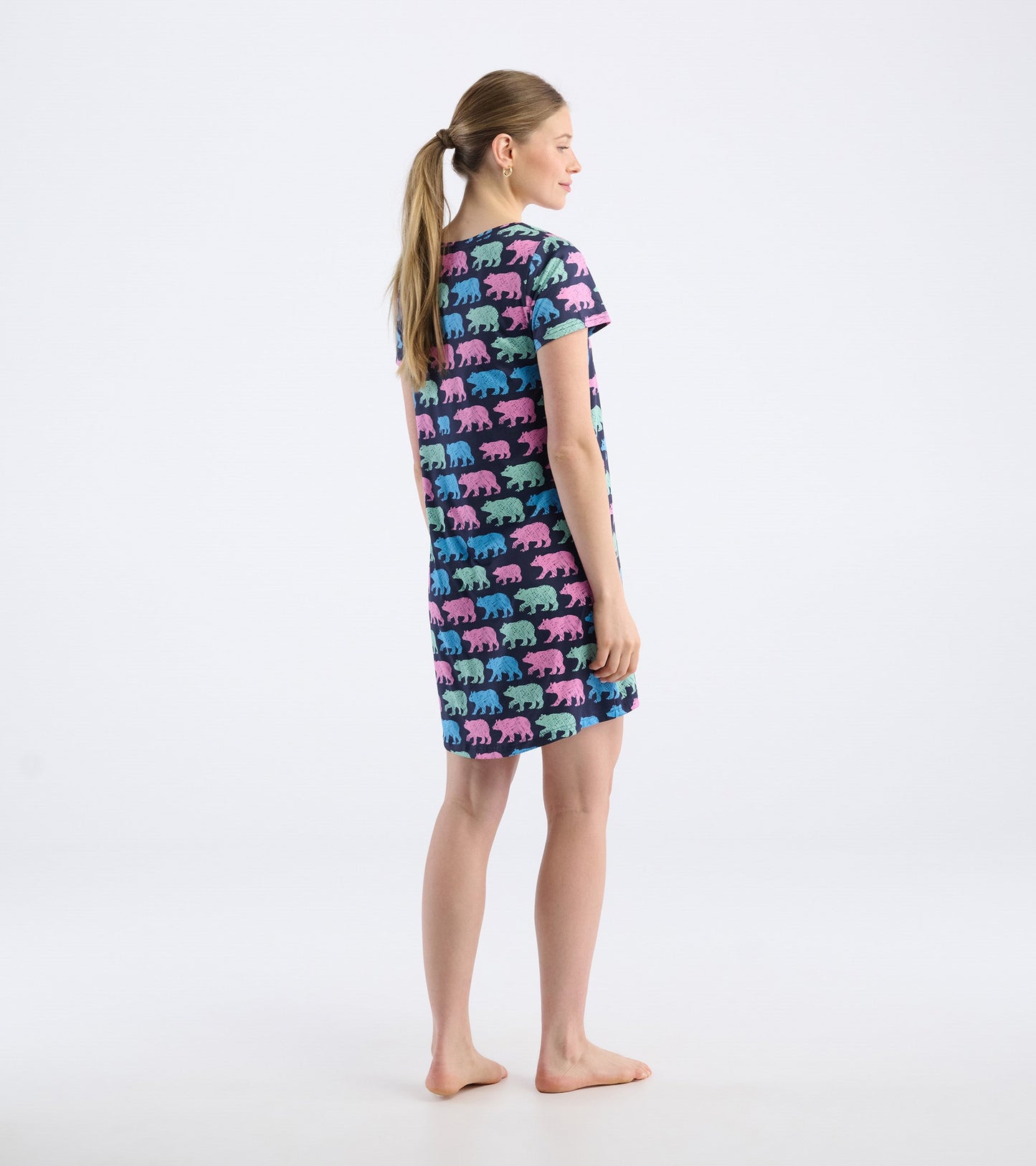 Short-sleeve nightdress featuring a colorful bear pattern on a dark background, shown from the back.