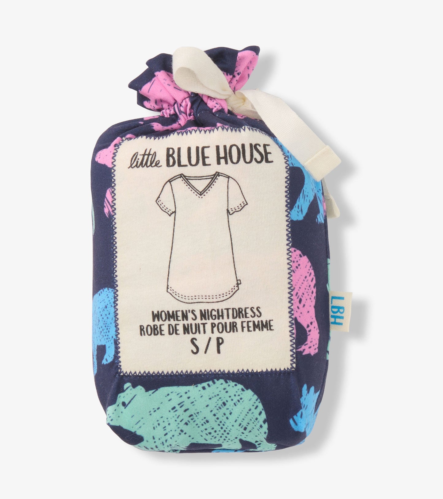 Navy nightdress featuring colorful bear patterns, with a V-neck and short sleeves, packaged in a drawstring bag.