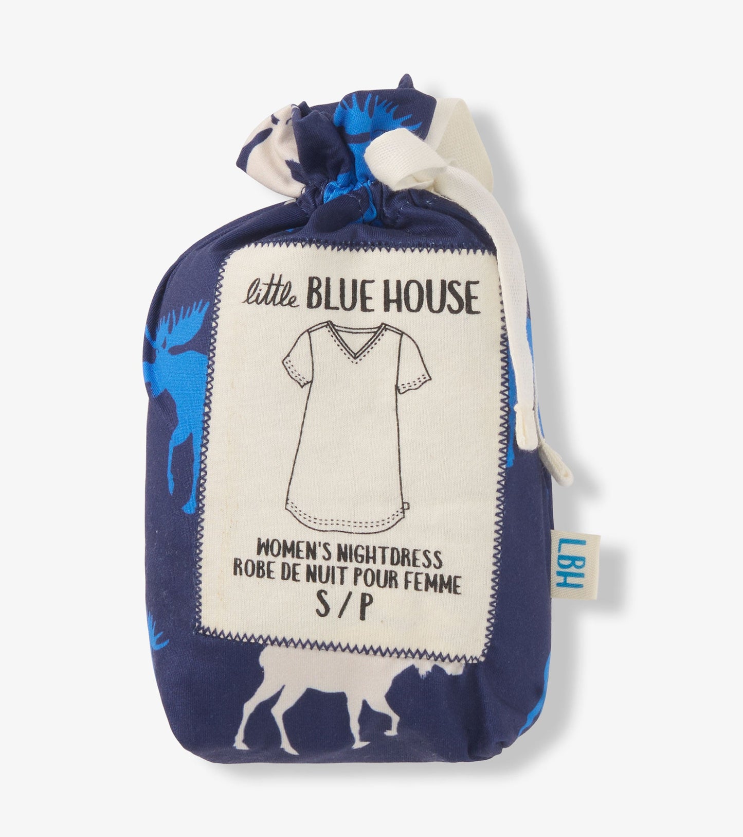 Blue nightdress featuring moose patterns, packaged in a drawstring bag, with a V-neck design and short sleeves.