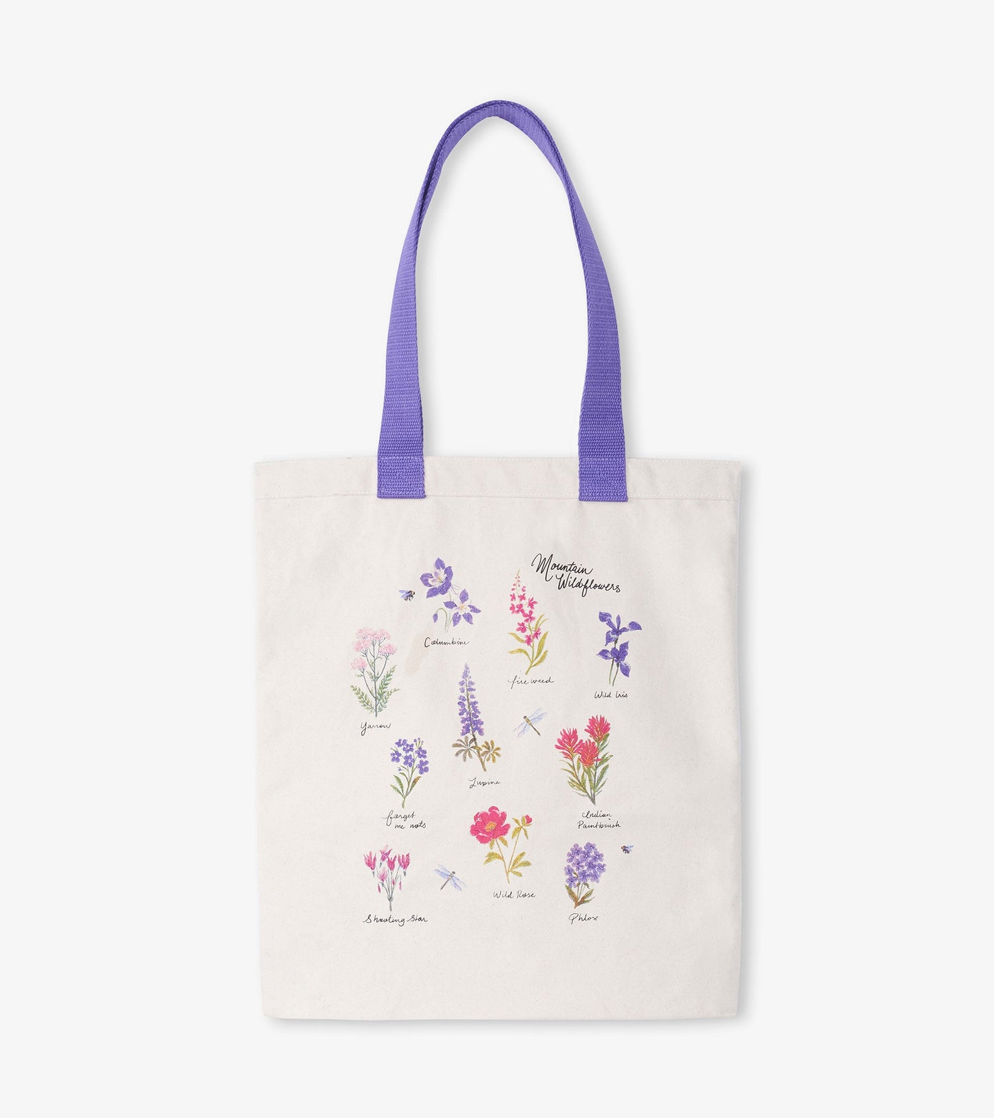 Cream tote bag with purple handles featuring colorful wildflower illustrations and text labeling each flower.