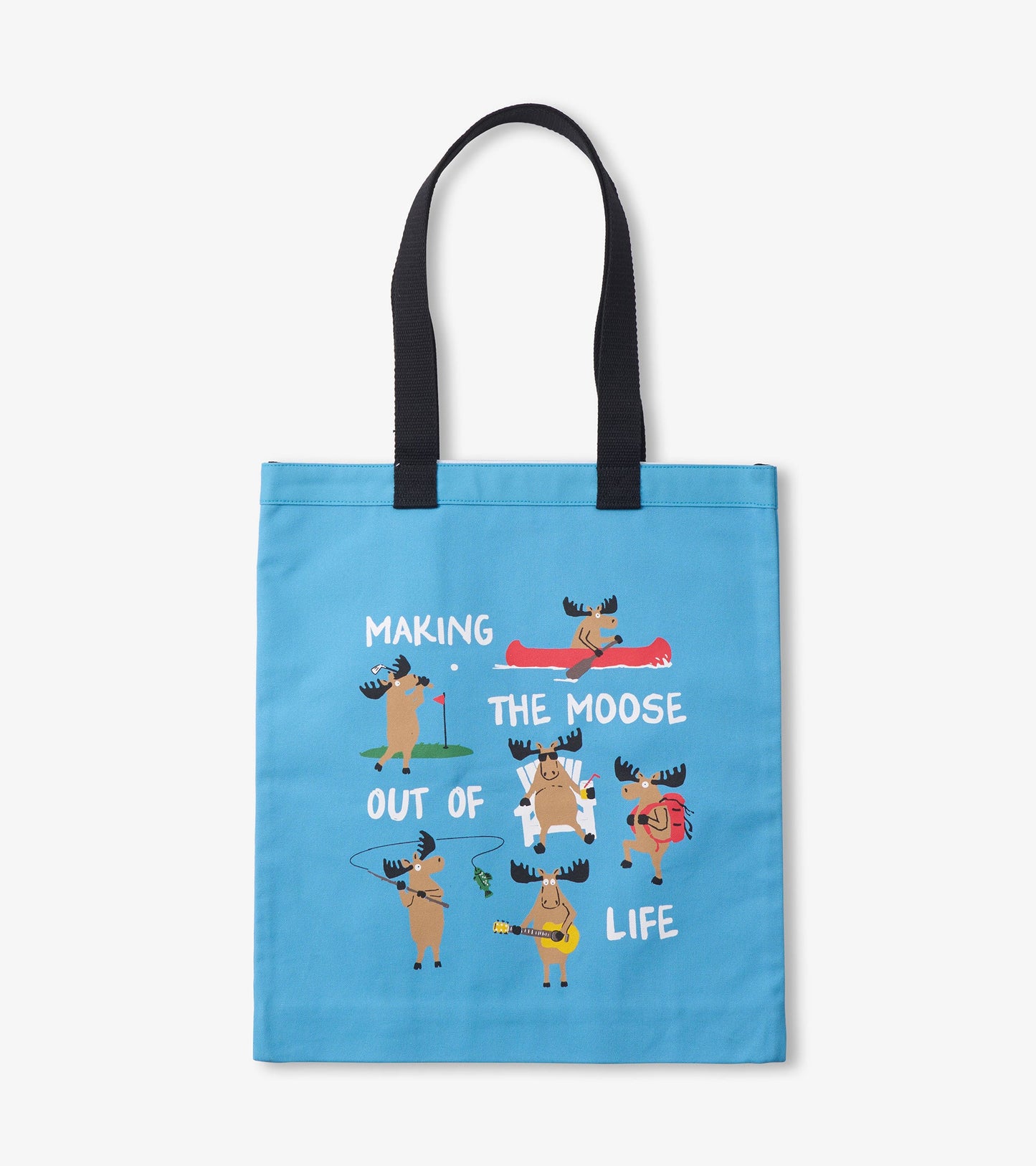 Light blue reusable tote bag featuring playful moose illustrations and the text "Making The Moose Out of Life.