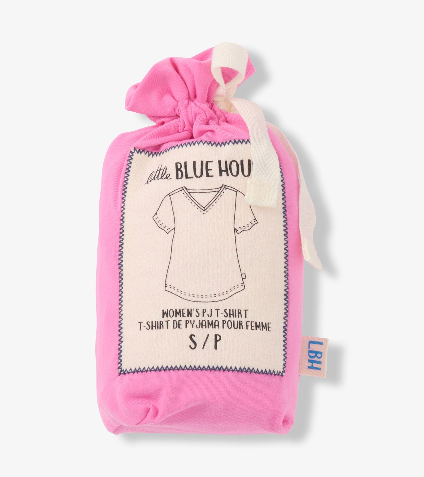 Pink V-neck T-shirt packaged in a drawstring bag, featuring a simple design and soft fabric.