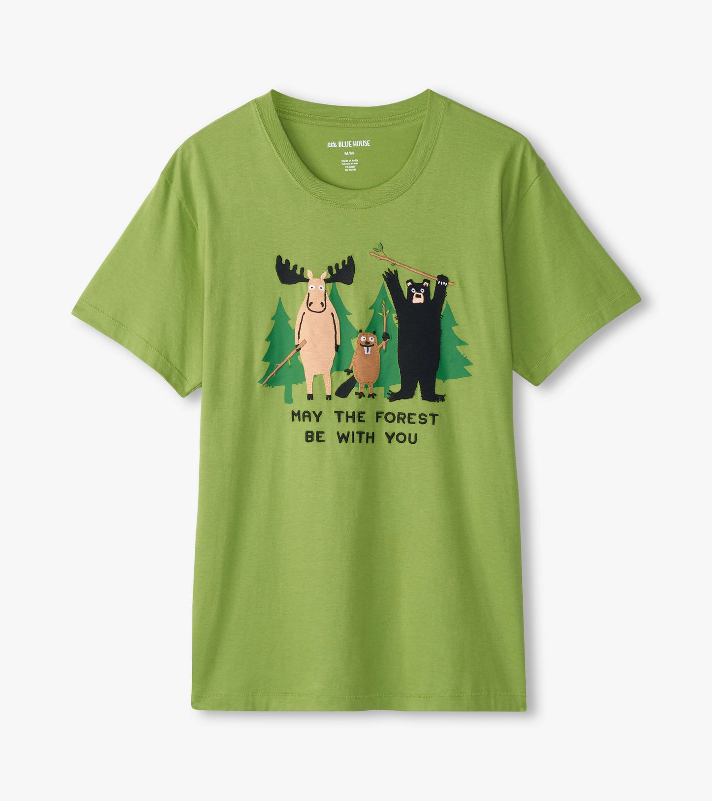 Green short-sleeve tee featuring cartoon animals and trees with the text "MAY THE FOREST BE WITH YOU.
