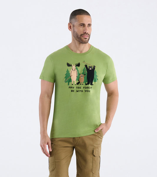 Green men's t-shirt featuring a playful forest animal graphic and text design on the front.