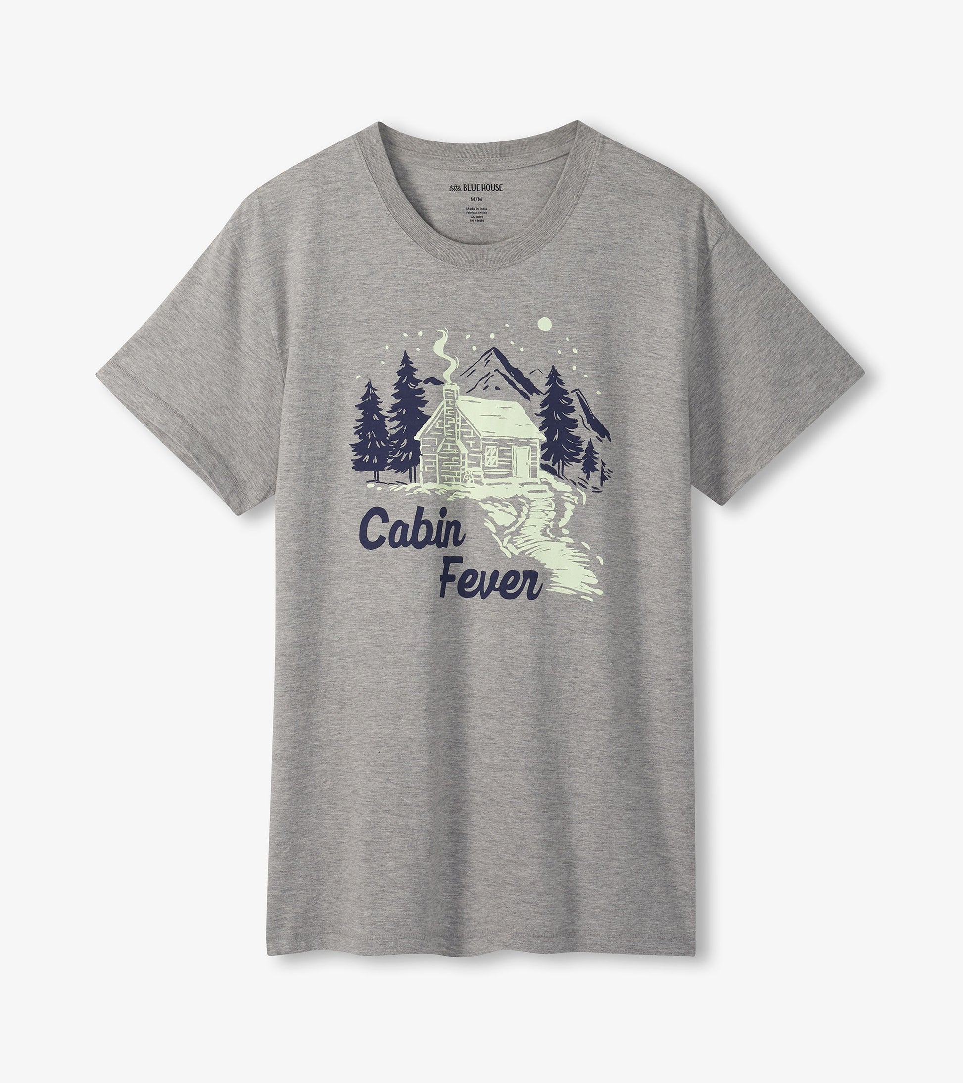 Gray short-sleeve t-shirt featuring a cabin and forest graphic with "Cabin Fever" text.