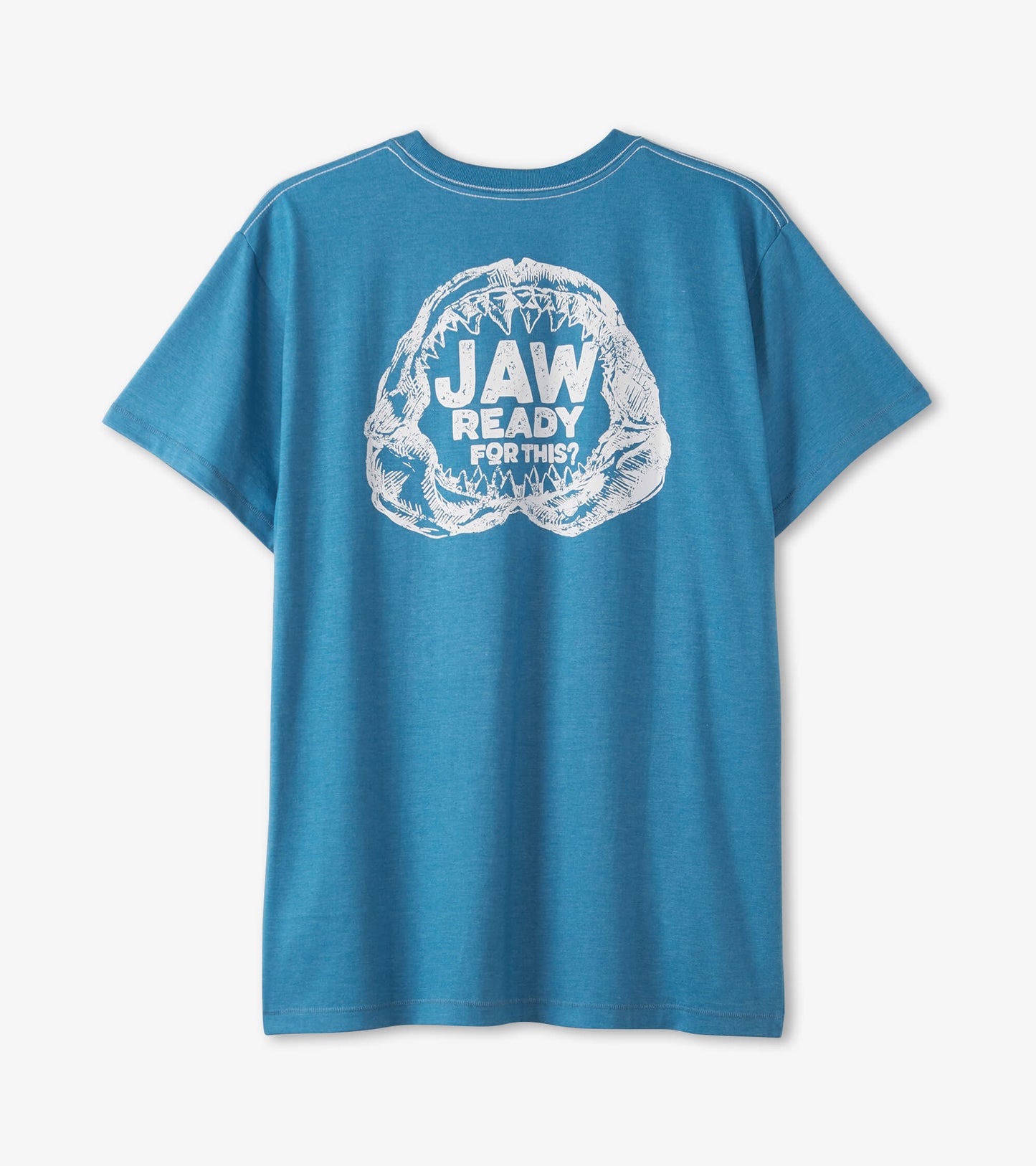 Blue short-sleeve tee featuring a graphic of a shark jaw with the text "JAW READY FOR THIS?" on the back.