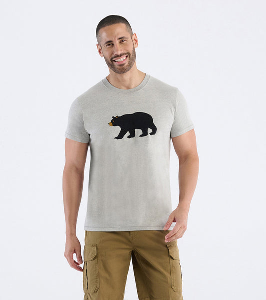 Grey men's tee featuring a black bear graphic on the front, made from soft cotton material.