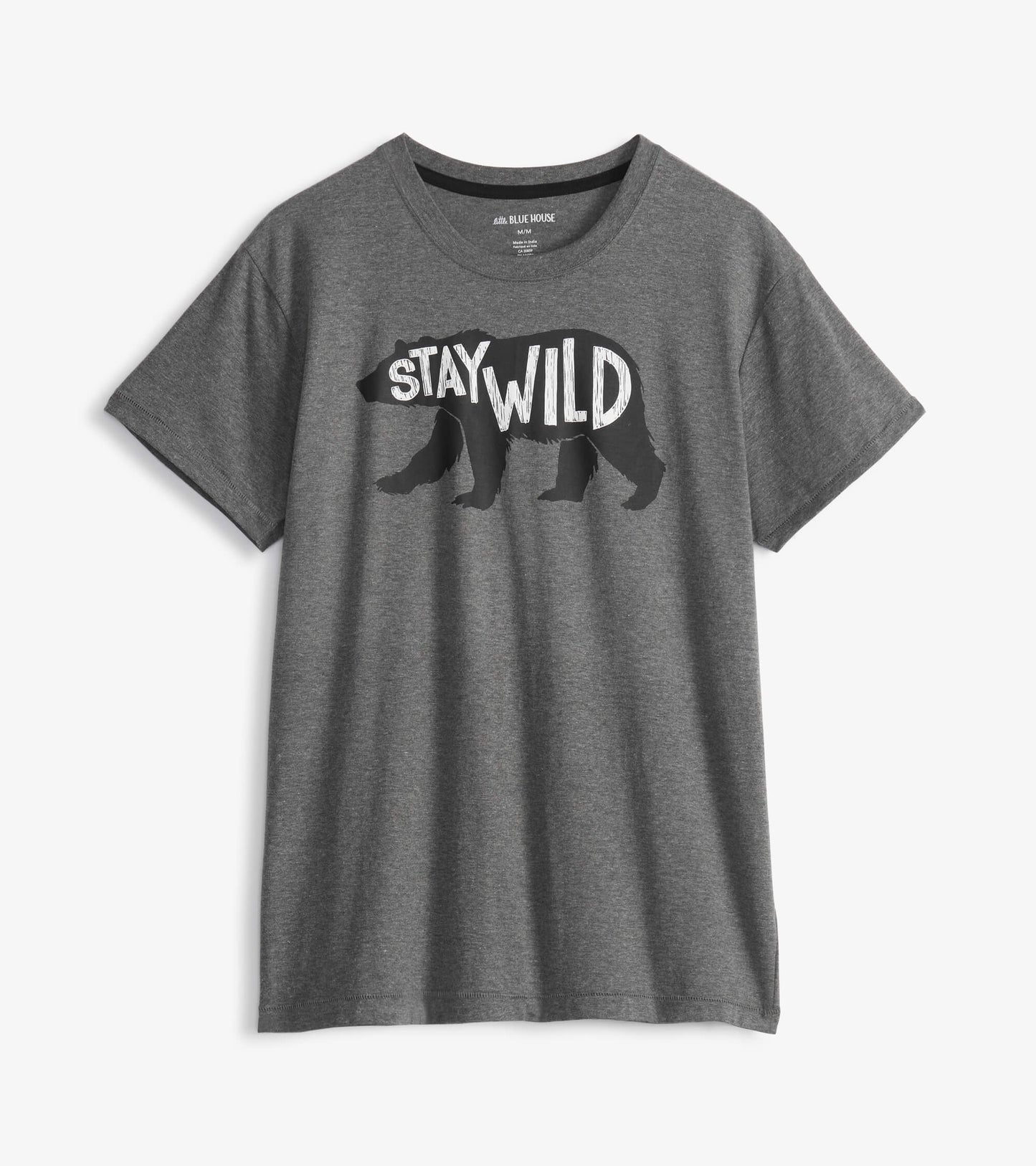 Gray short-sleeve t-shirt featuring a bear graphic and the text "STAY WILD" in bold white letters.
