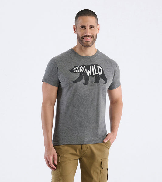 Gray short-sleeve men's tee featuring a bear graphic and the phrase "STAY WILD" in bold white letters.