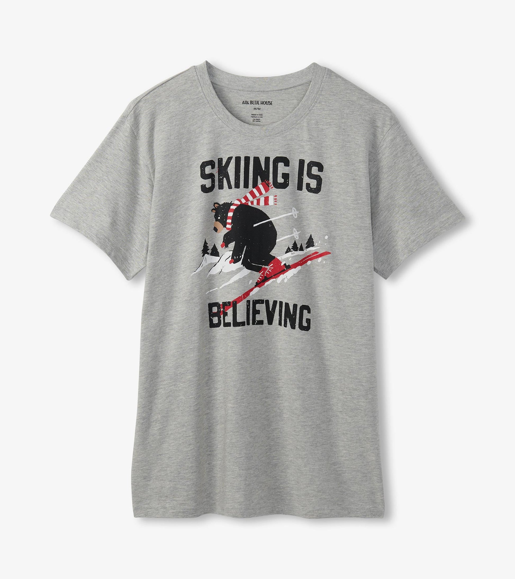 Gray short-sleeve t-shirt featuring a skiing bear graphic with the text "SKIING IS BELIEVING.