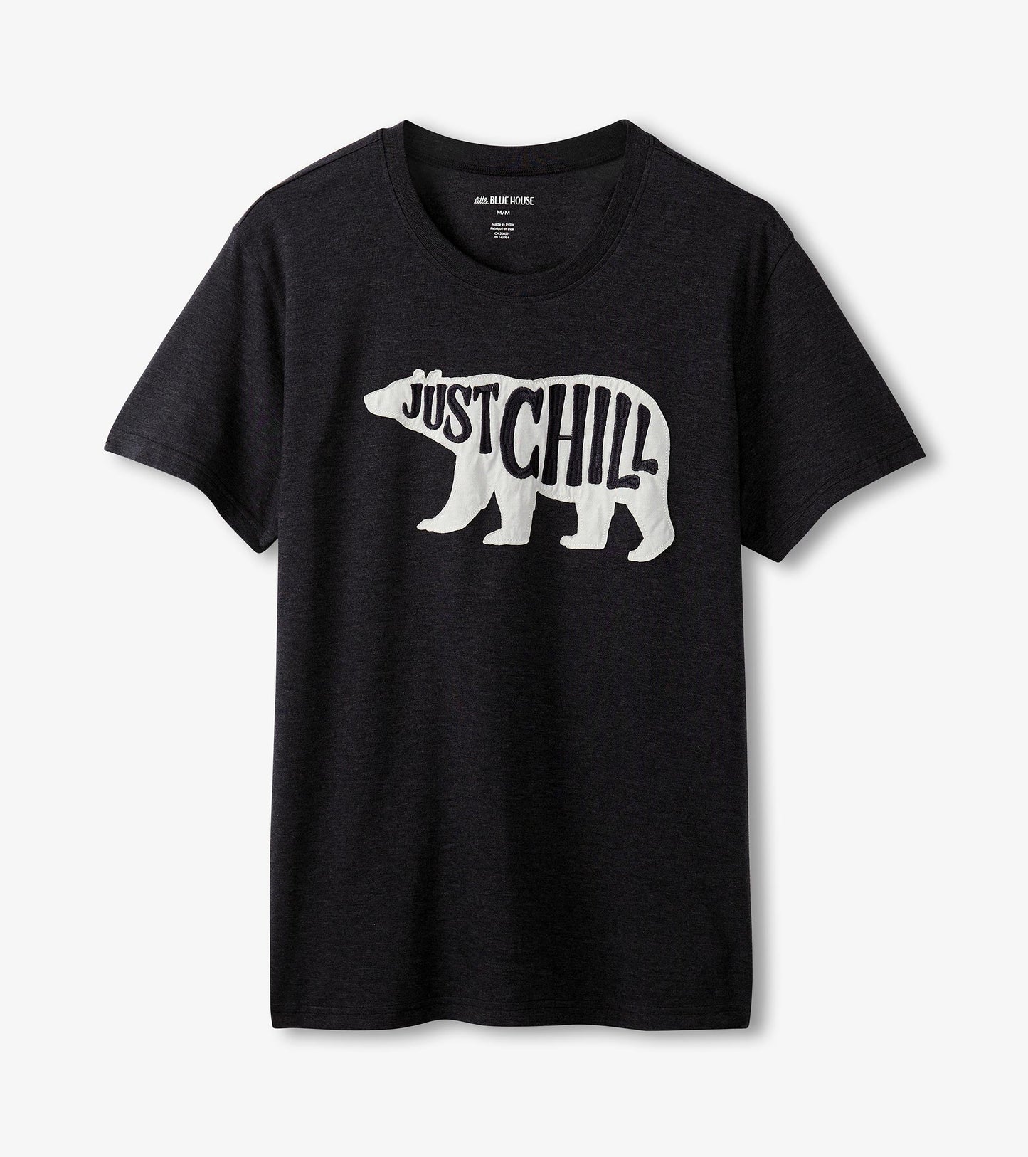 Black short-sleeve t-shirt featuring a white bear graphic with the text "JUST CHILL." Casual and comfortable fit.