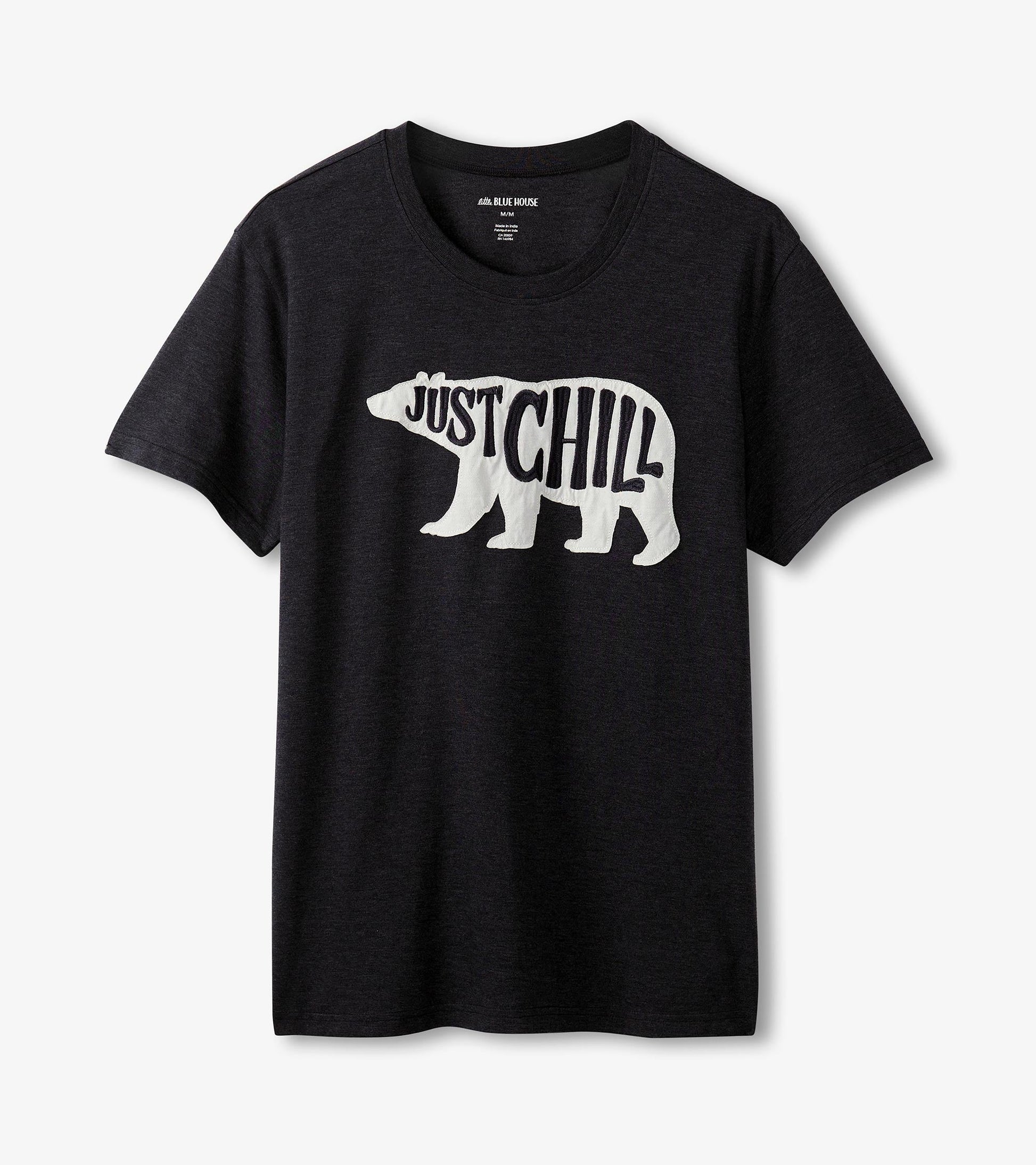 Black short-sleeve t-shirt featuring a white bear graphic with the text "JUST CHILL." Casual and comfortable fit.