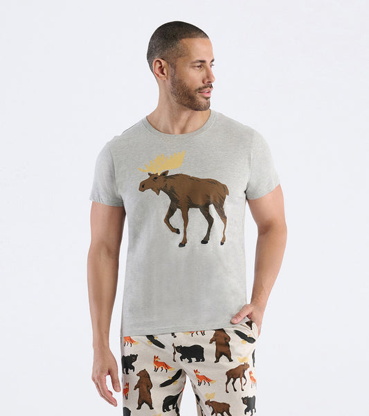 Gray men's t-shirt featuring a moose graphic, paired with patterned pajama pants.