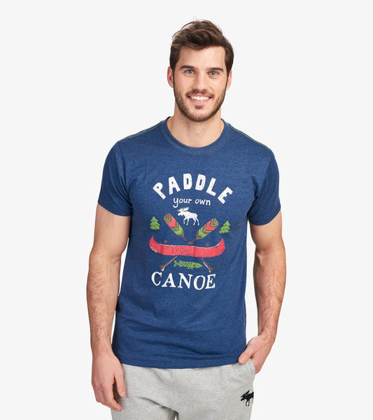 Navy blue men's tee featuring a canoe graphic with trees and a moose, perfect for casual wear.