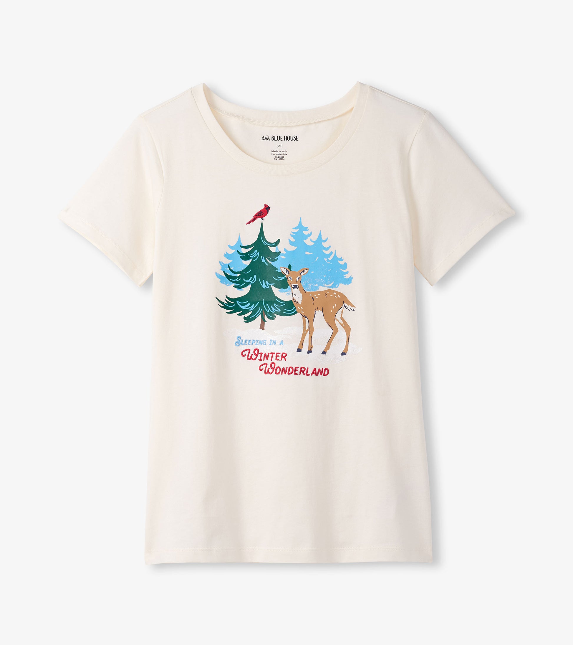 Cream-colored short-sleeve pajama t-shirt featuring a winter scene with a deer, trees, and a cardinal graphic.
