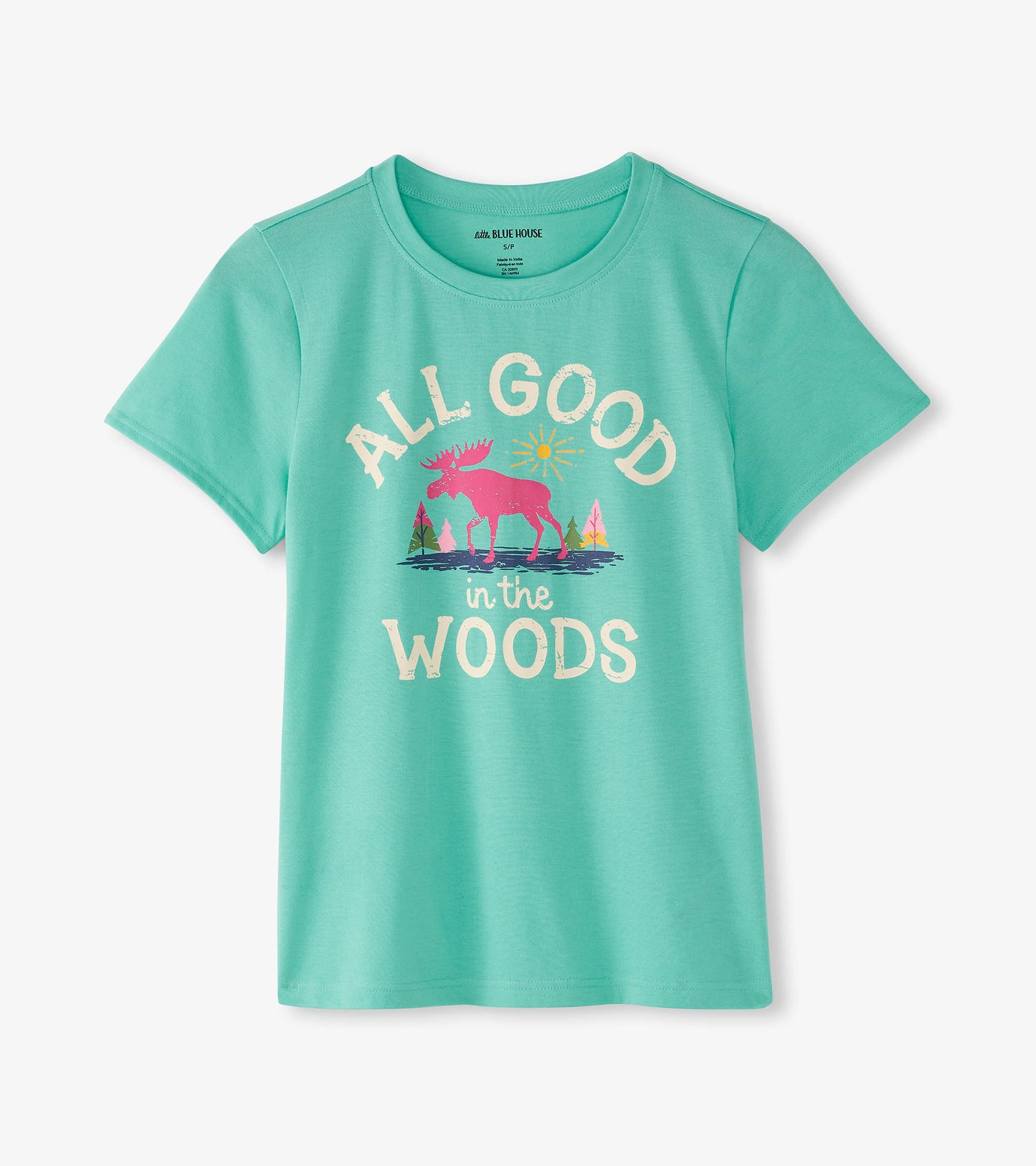 Turquoise short-sleeve pajama t-shirt featuring a moose graphic and trees with the text "ALL GOOD in the WOODS.
