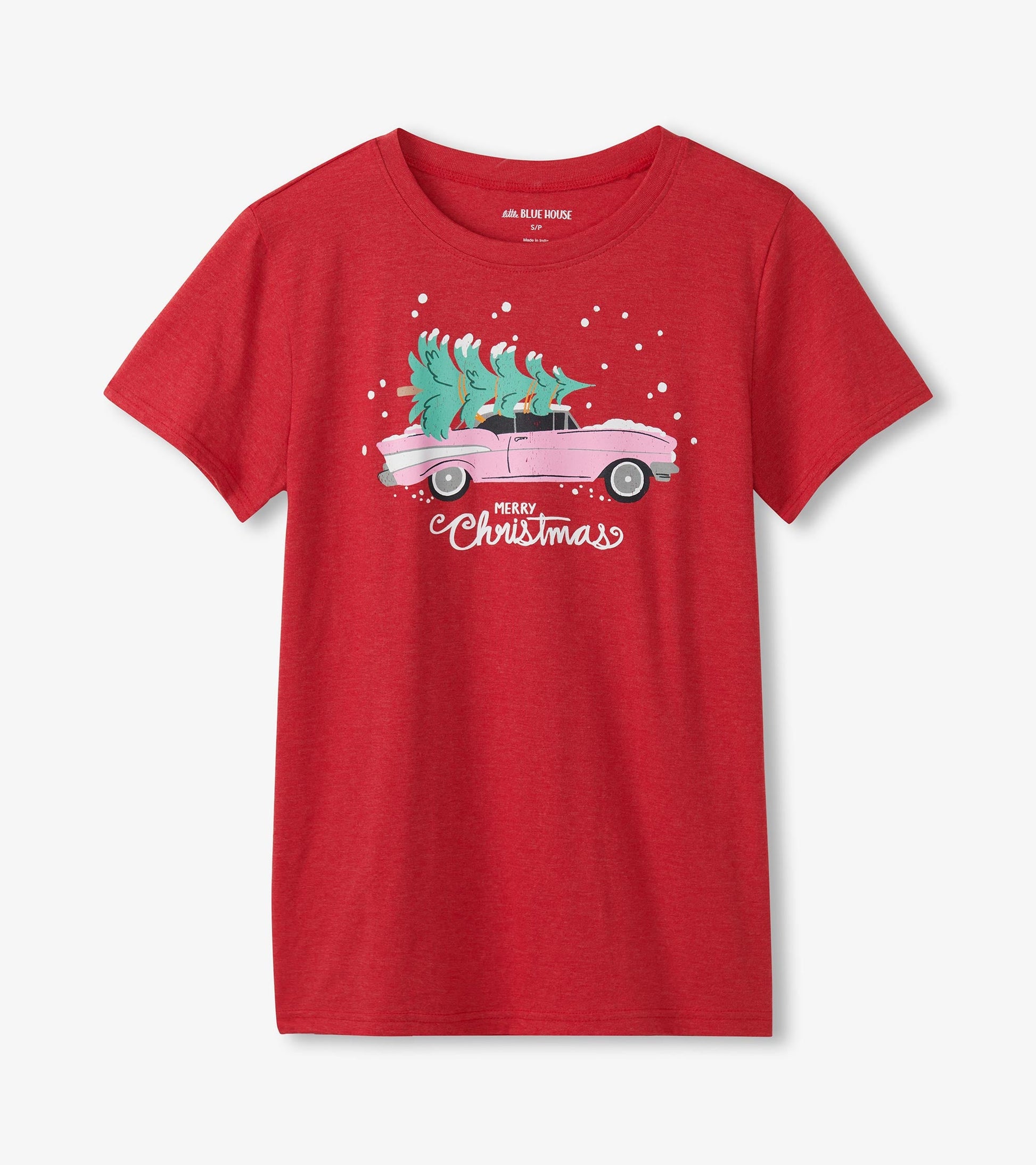 Red short-sleeve pajama tee featuring a graphic of a pink car with Christmas trees and snowflakes.